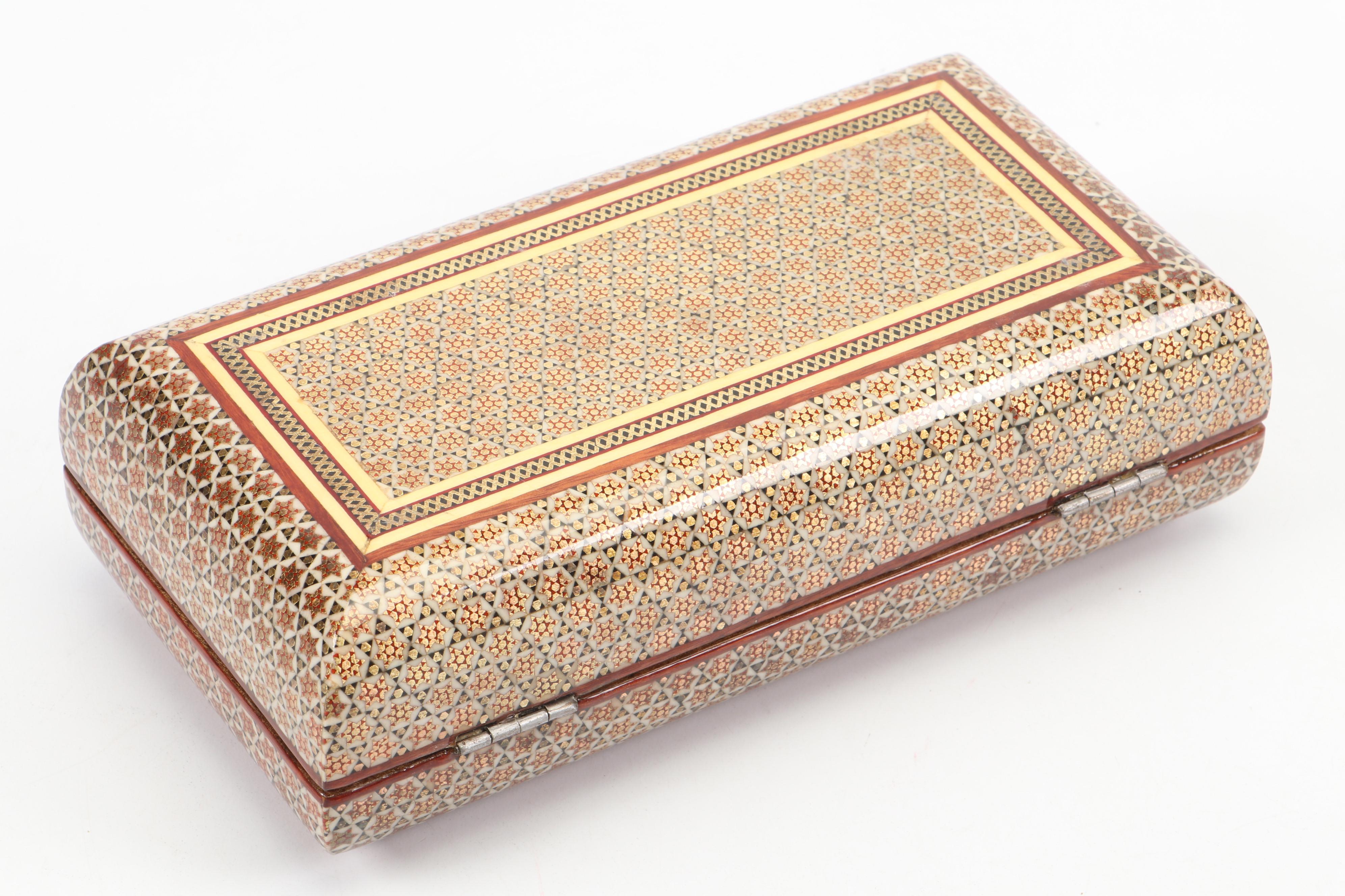 Indo-Persian Hand-Crafted Enamel, Wood and Bone Inlay Box, Vintage