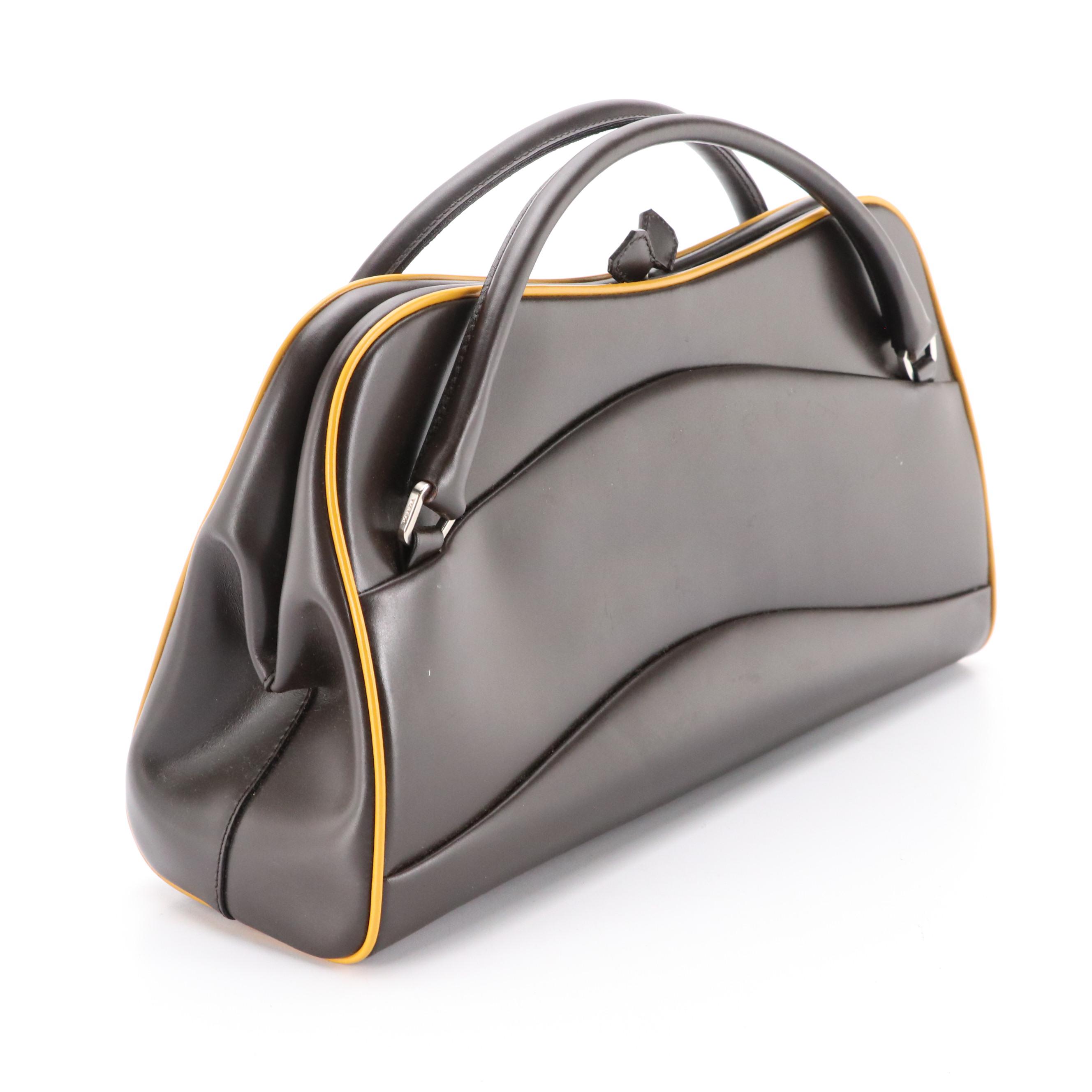 Prada Vitello Frame Handbag in Brown Leather and Yellow Trim