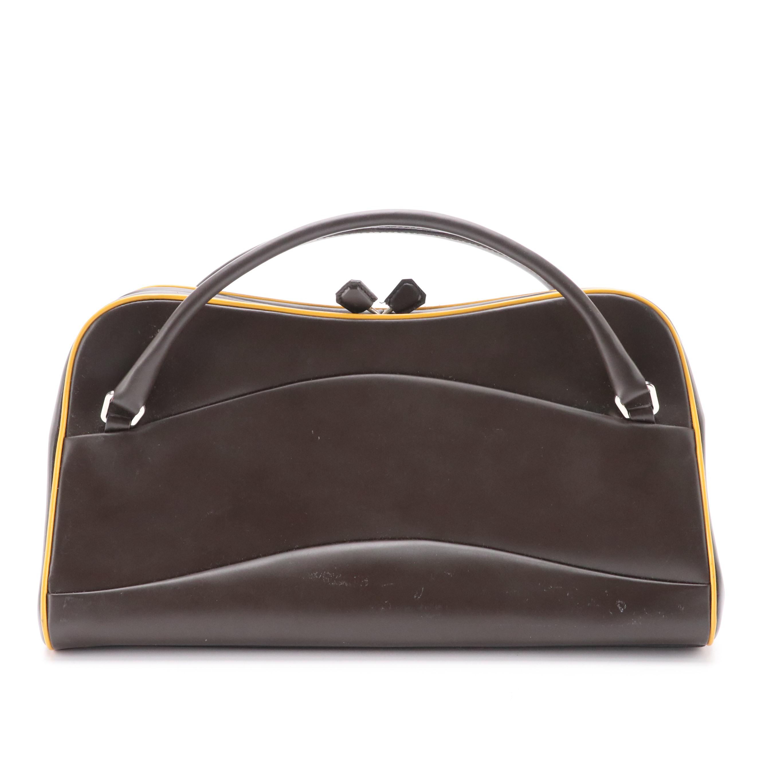 Prada Vitello Frame Handbag in Brown Leather and Yellow Trim