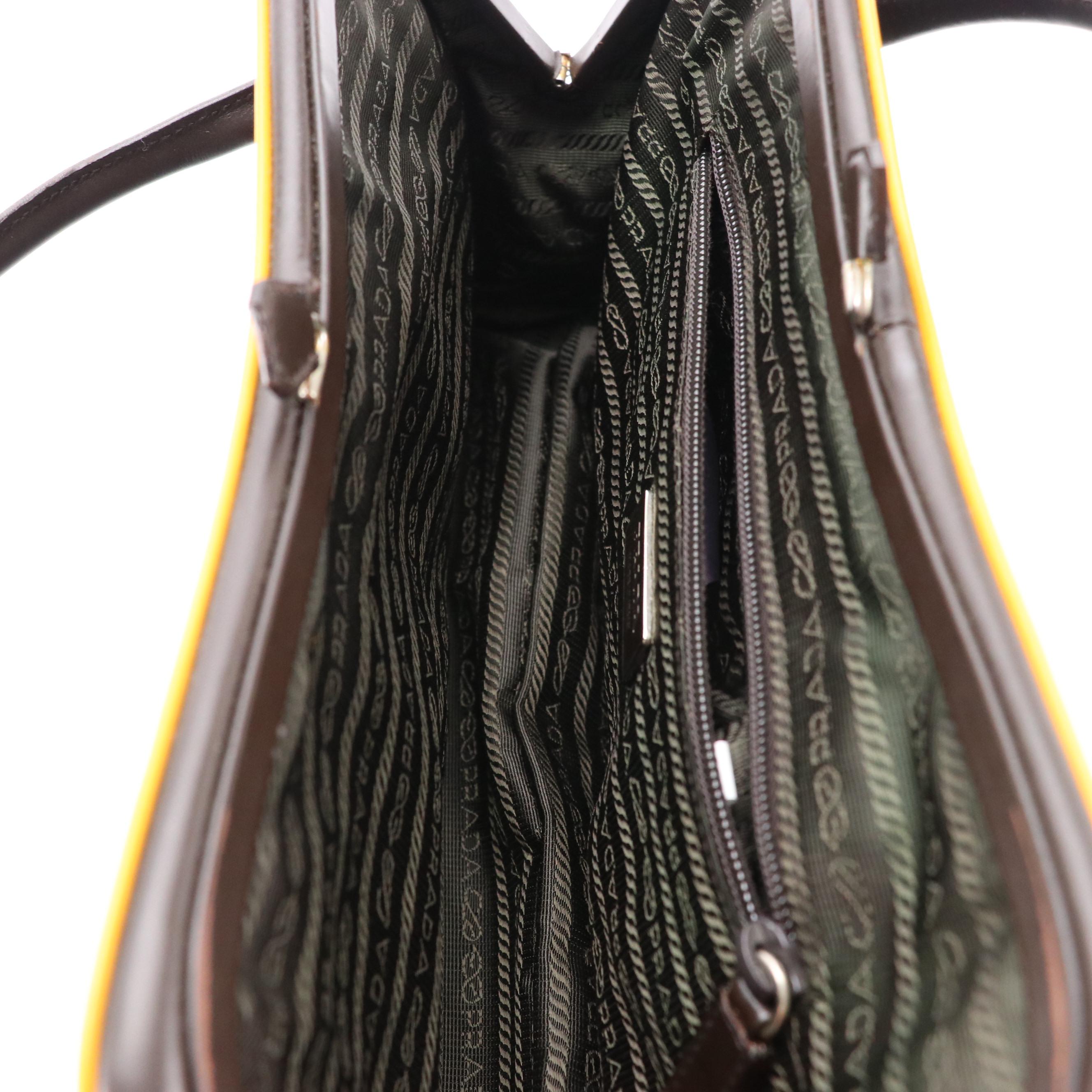 Prada Vitello Frame Handbag in Brown Leather and Yellow Trim