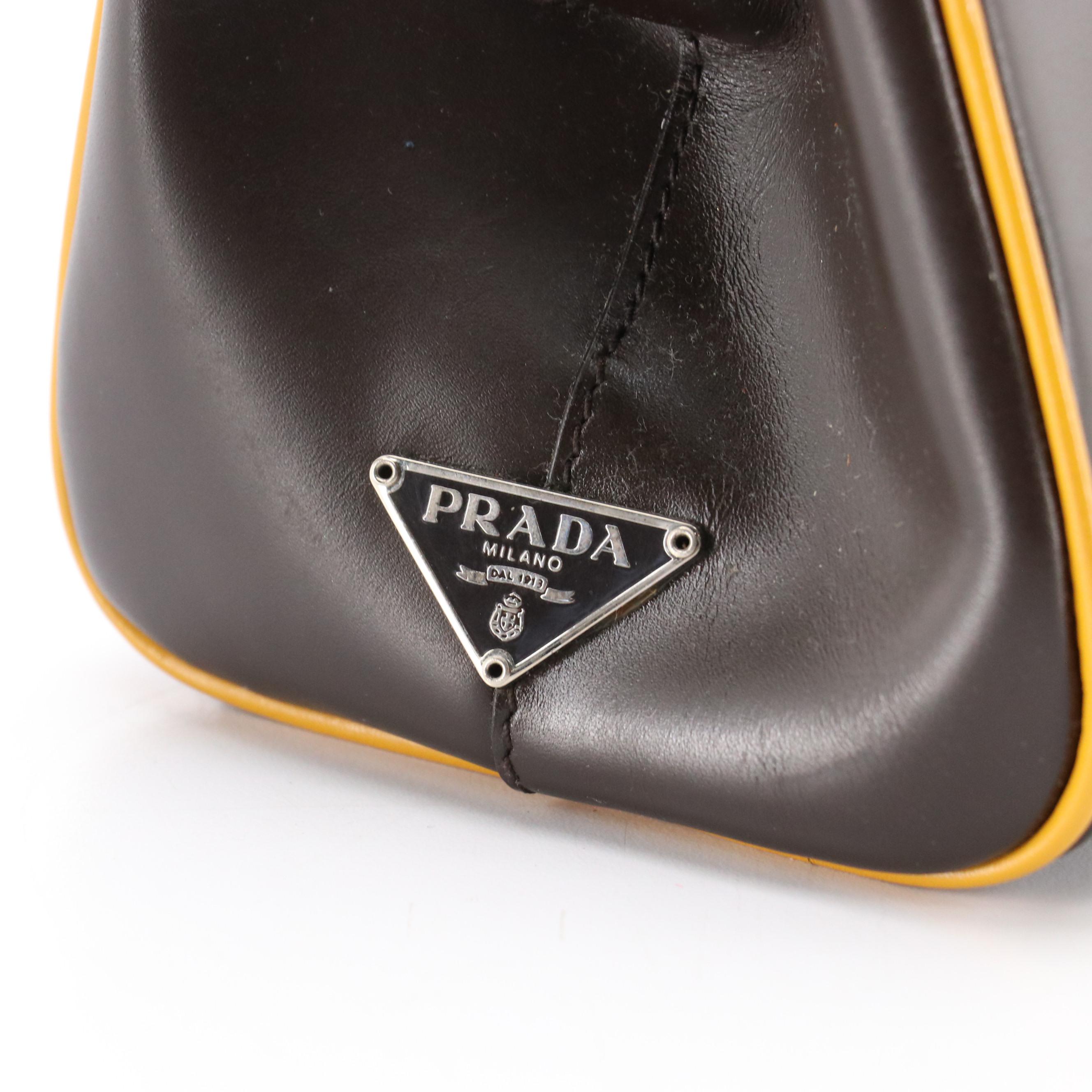 Prada Vitello Frame Handbag in Brown Leather and Yellow Trim