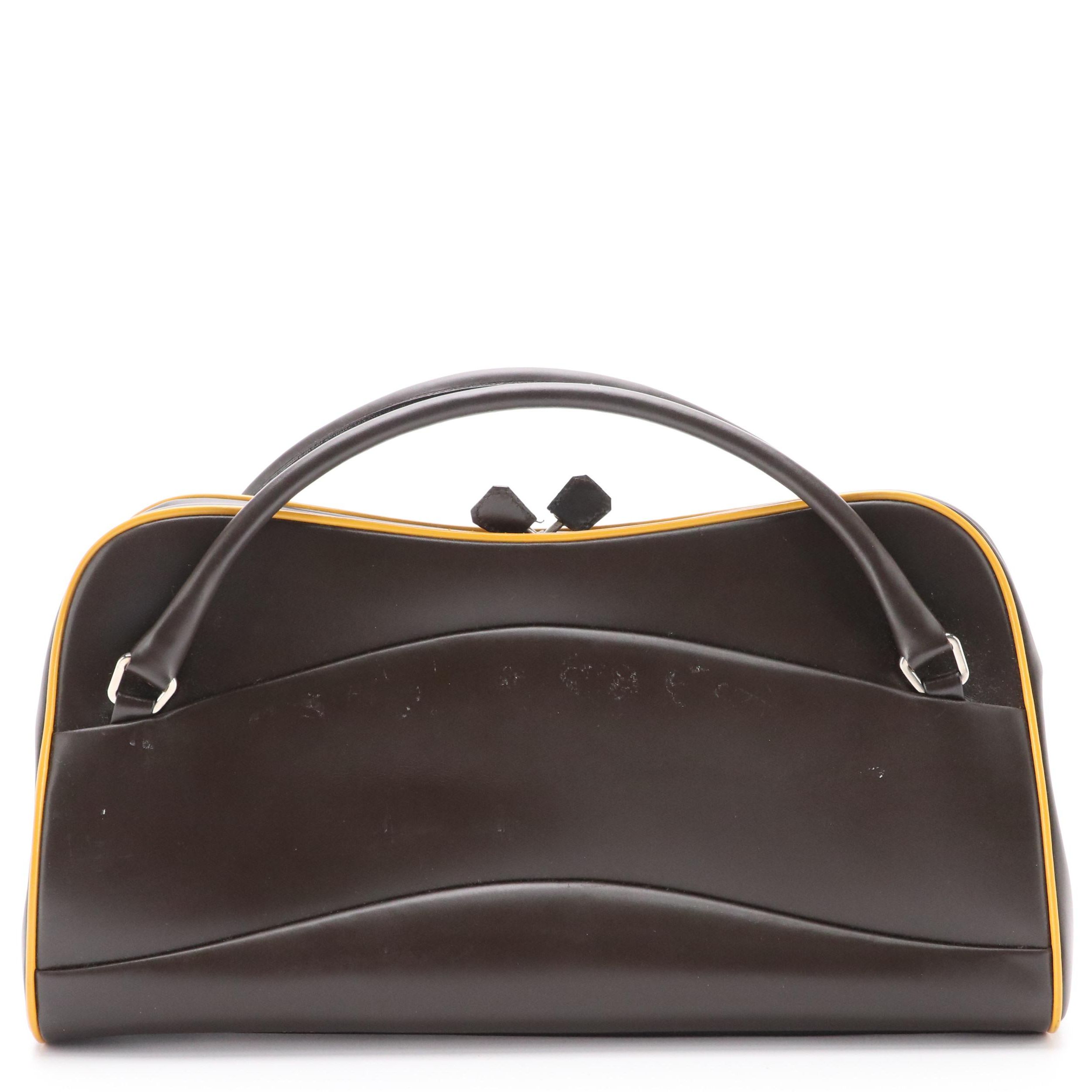 Prada Vitello Frame Handbag in Brown Leather and Yellow Trim
