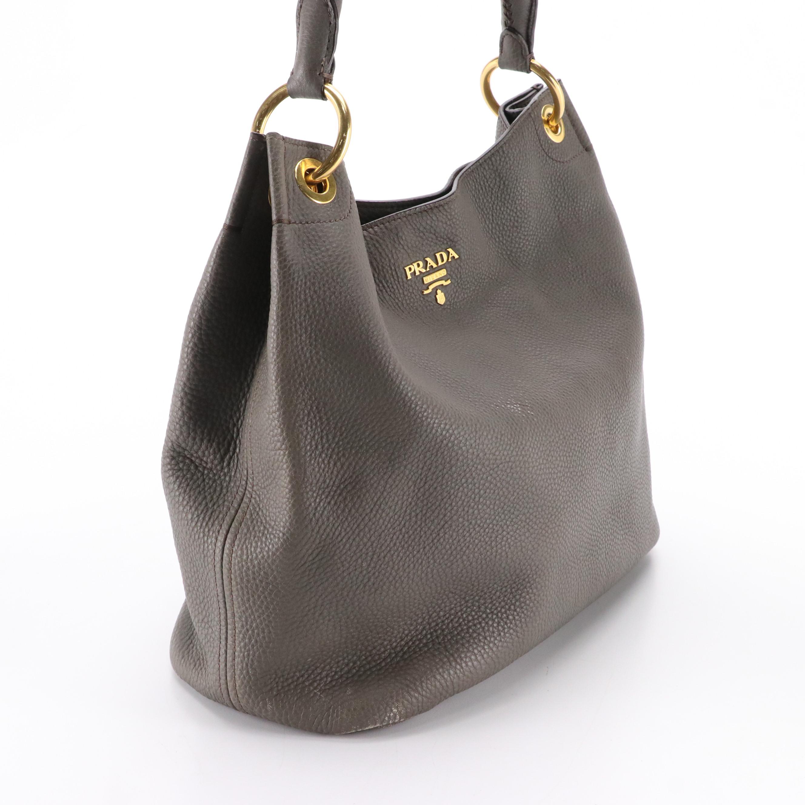 Prada Hobo Shoulder Bag in Gray Vitello Daino Leather