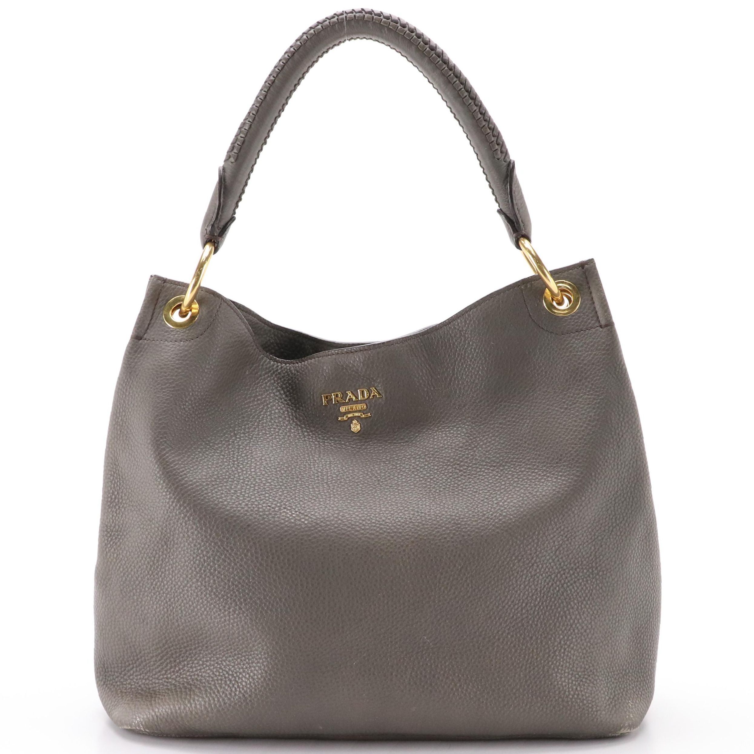 Prada Hobo Shoulder Bag in Gray Vitello Daino Leather