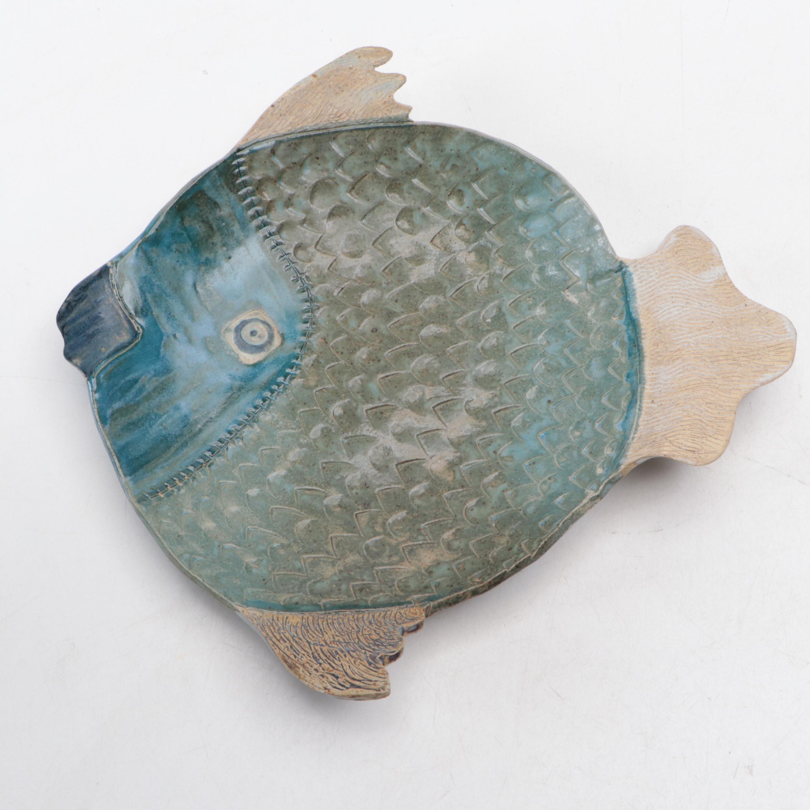 Artist-Signed Stoneware Fish Platter with Studio Art Earthenware Vases