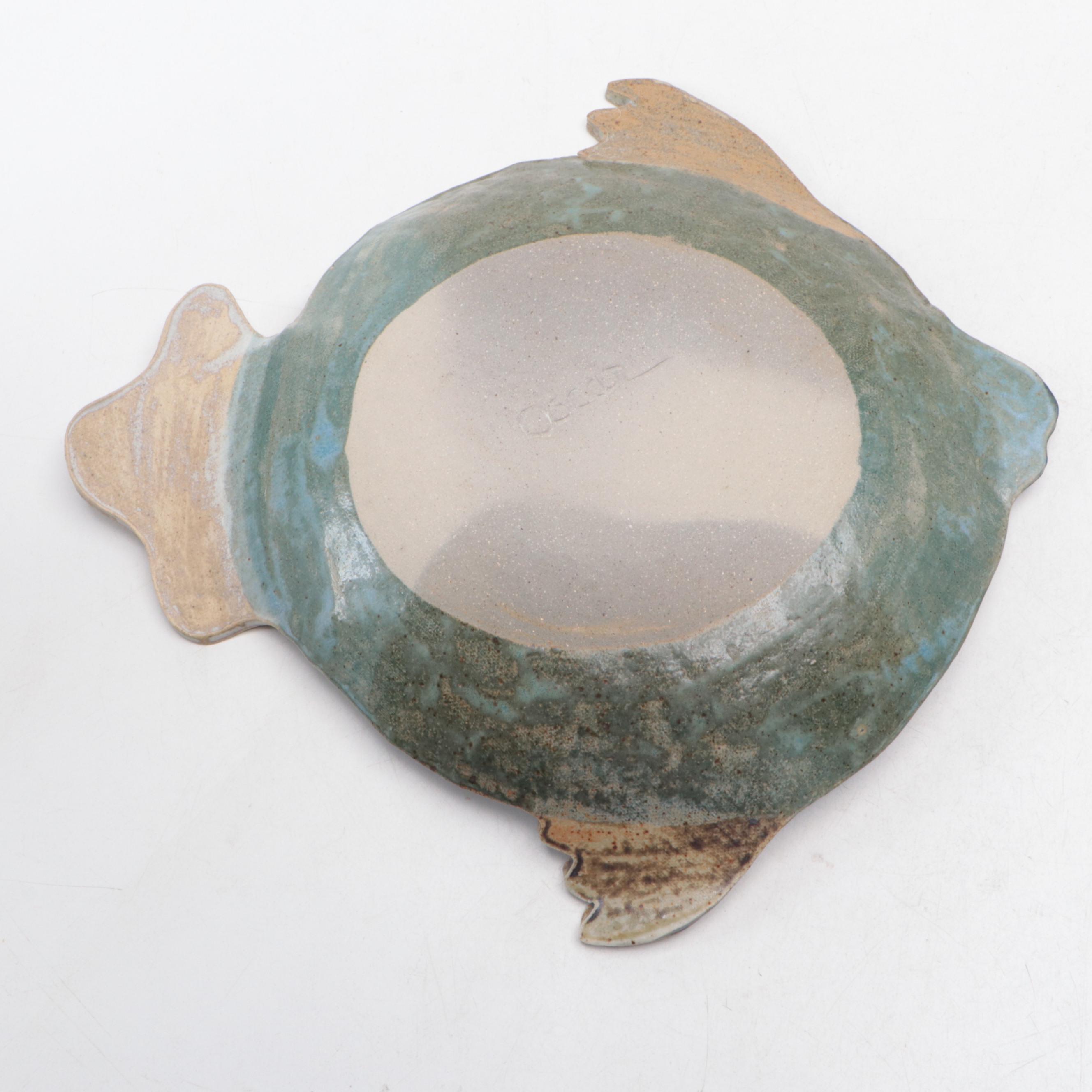 Artist-Signed Stoneware Fish Platter with Studio Art Earthenware Vases