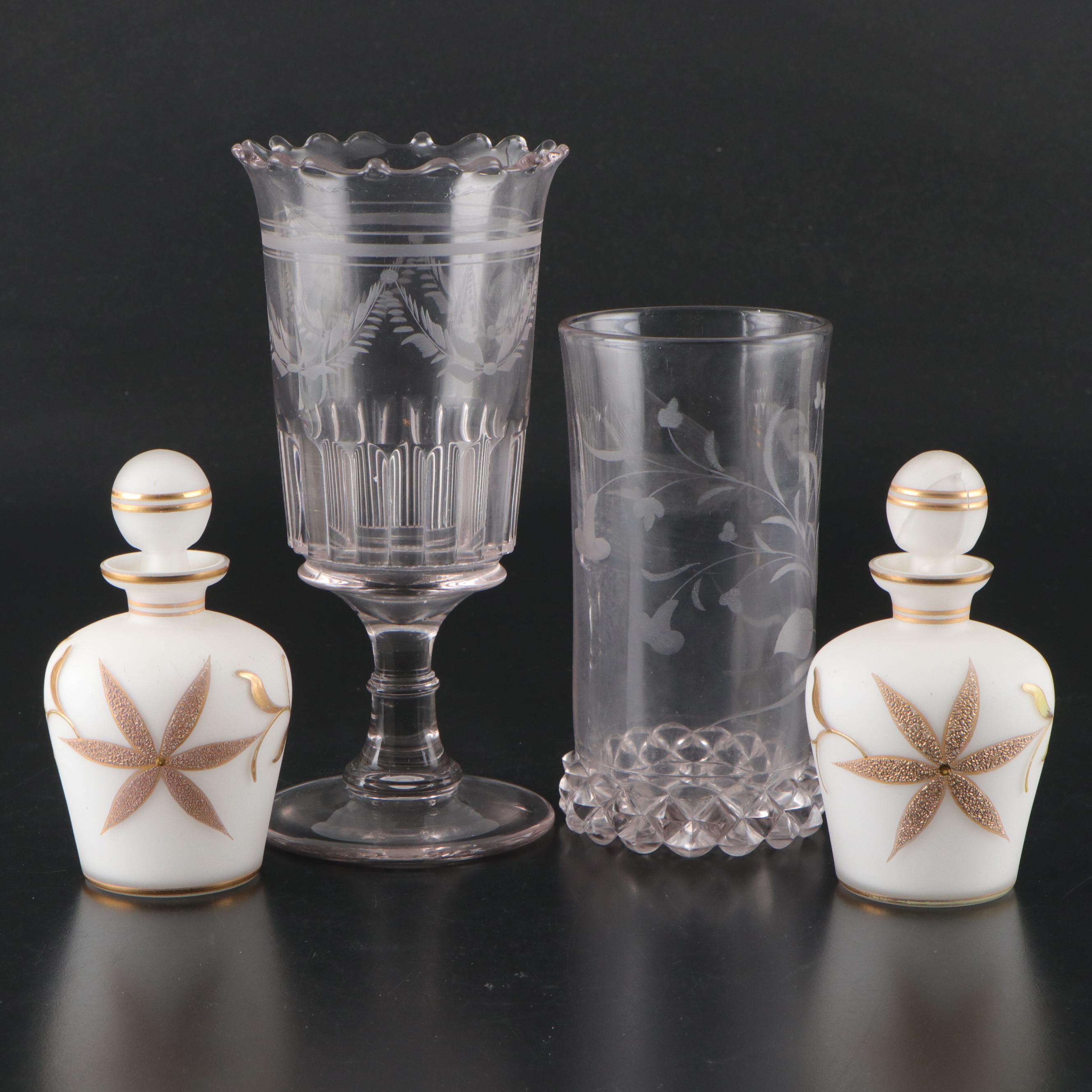 Victorian Etched Glass Spooners with Custard Glass Dresser Bottles