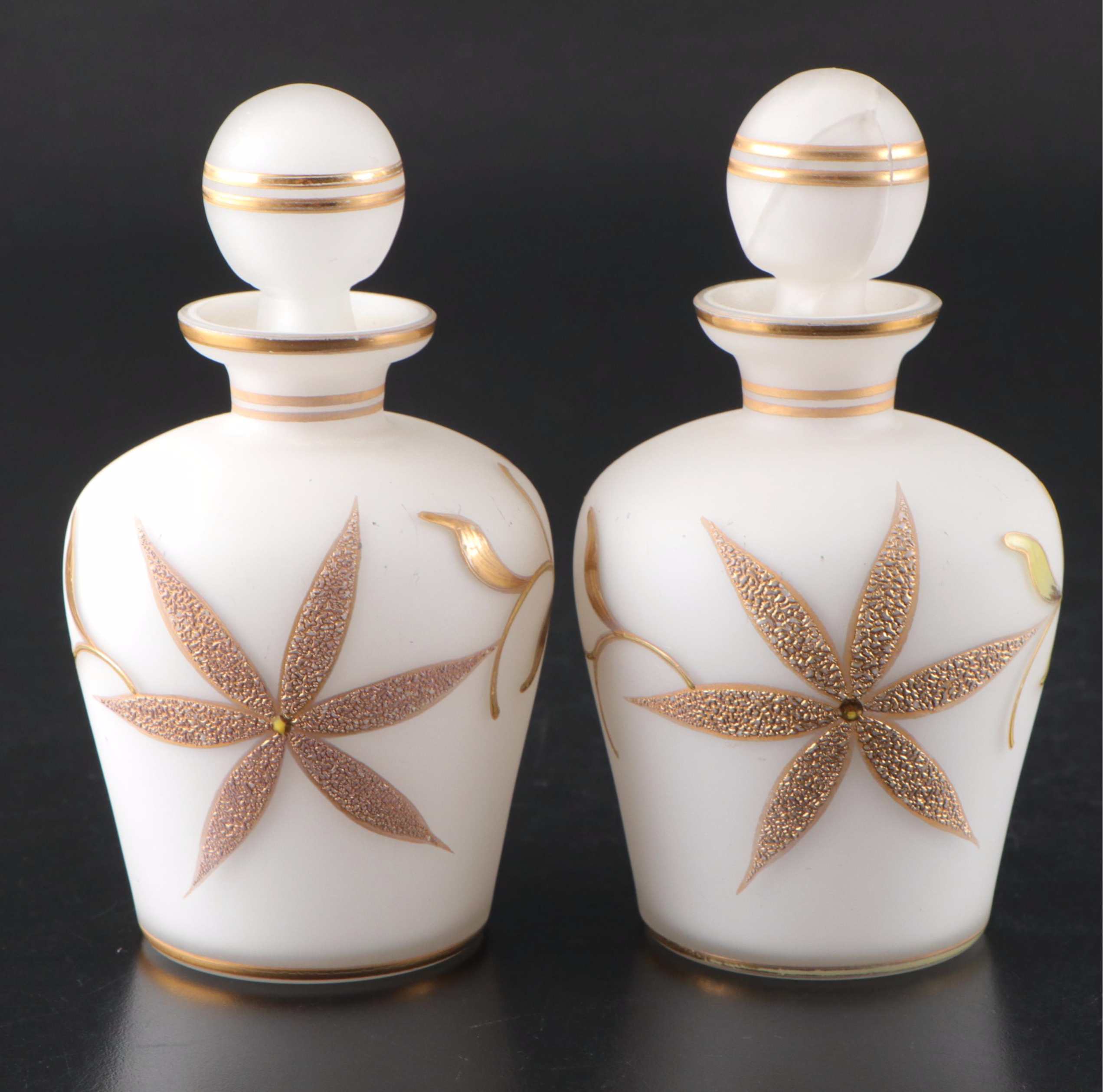 Victorian Etched Glass Spooners with Custard Glass Dresser Bottles