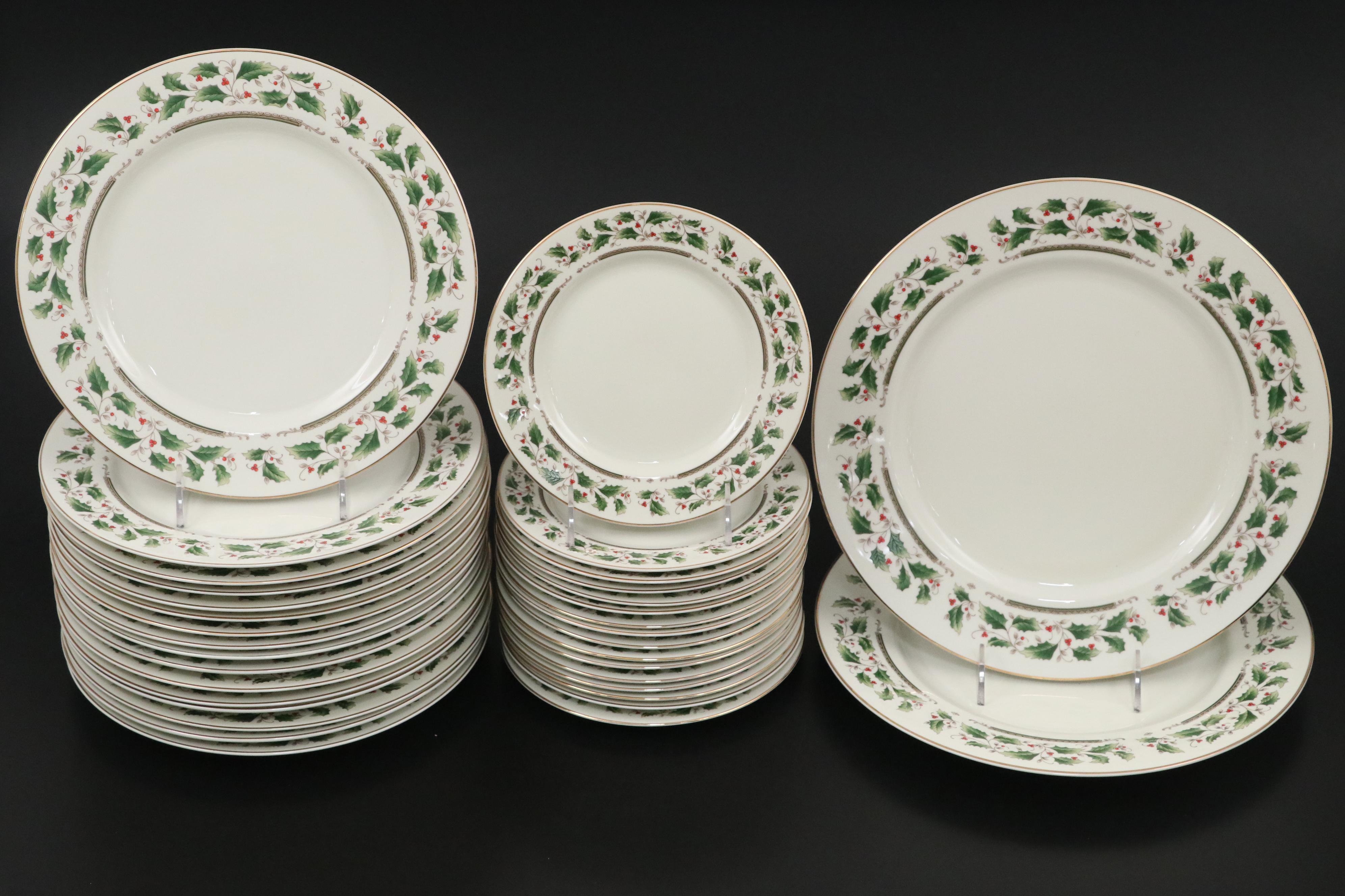 Royal Limited "Holly Holiday" Ceramic Dinnerware with Brass and Plastic Flatware