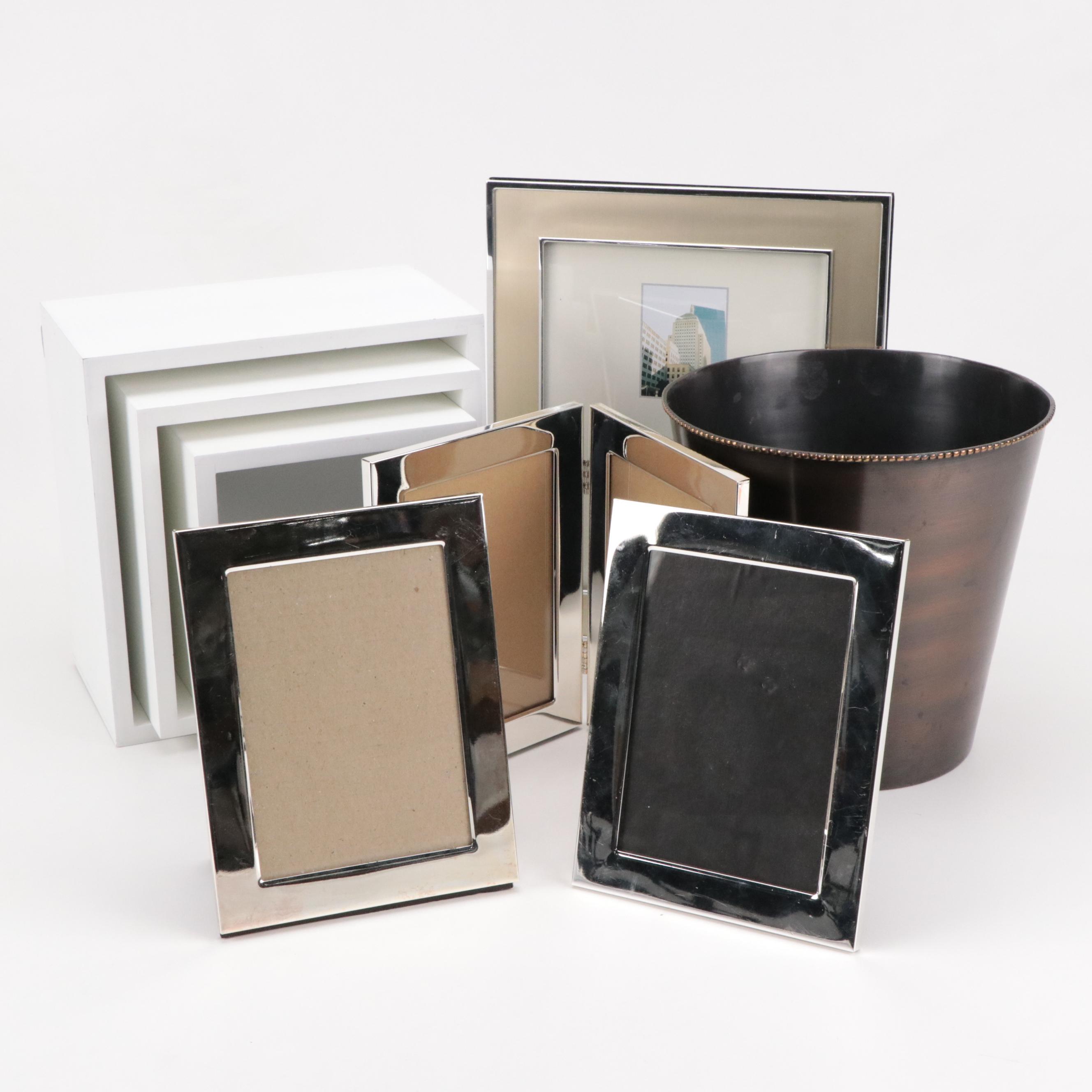 Matching Mirrored Picture Frames, Wood Cube Shelves and Metal Wastebasket