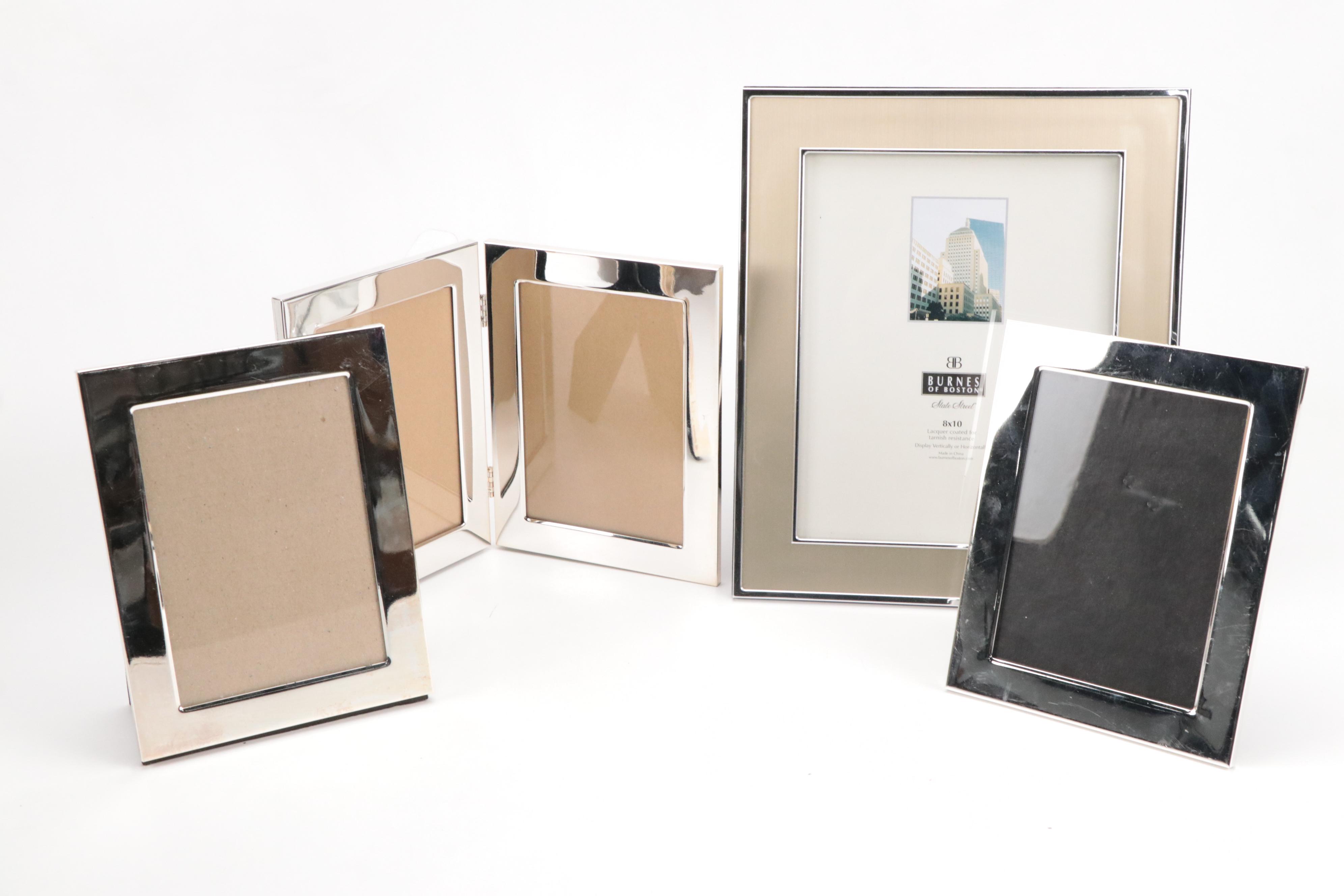 Matching Mirrored Picture Frames, Wood Cube Shelves and Metal Wastebasket