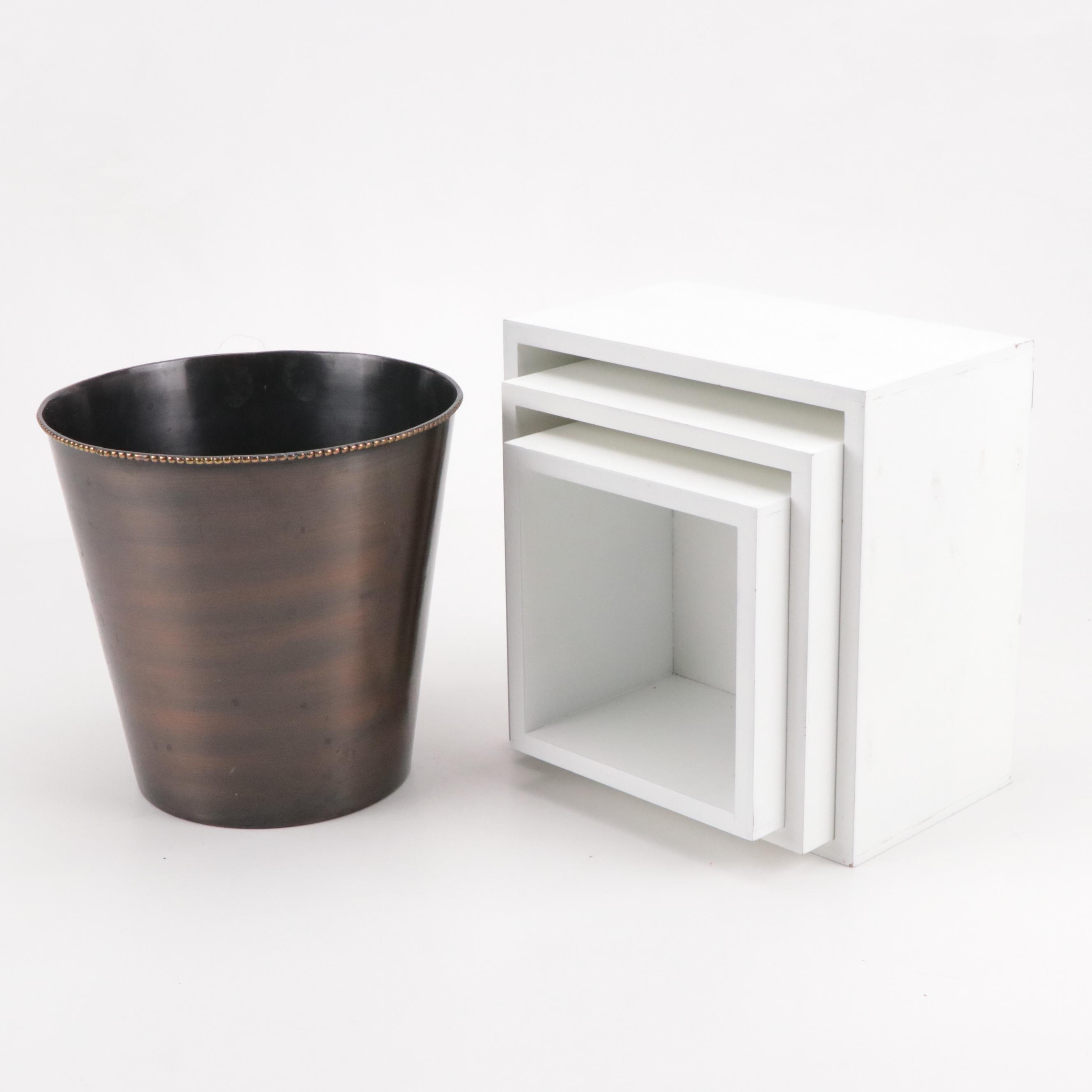 Matching Mirrored Picture Frames, Wood Cube Shelves and Metal Wastebasket