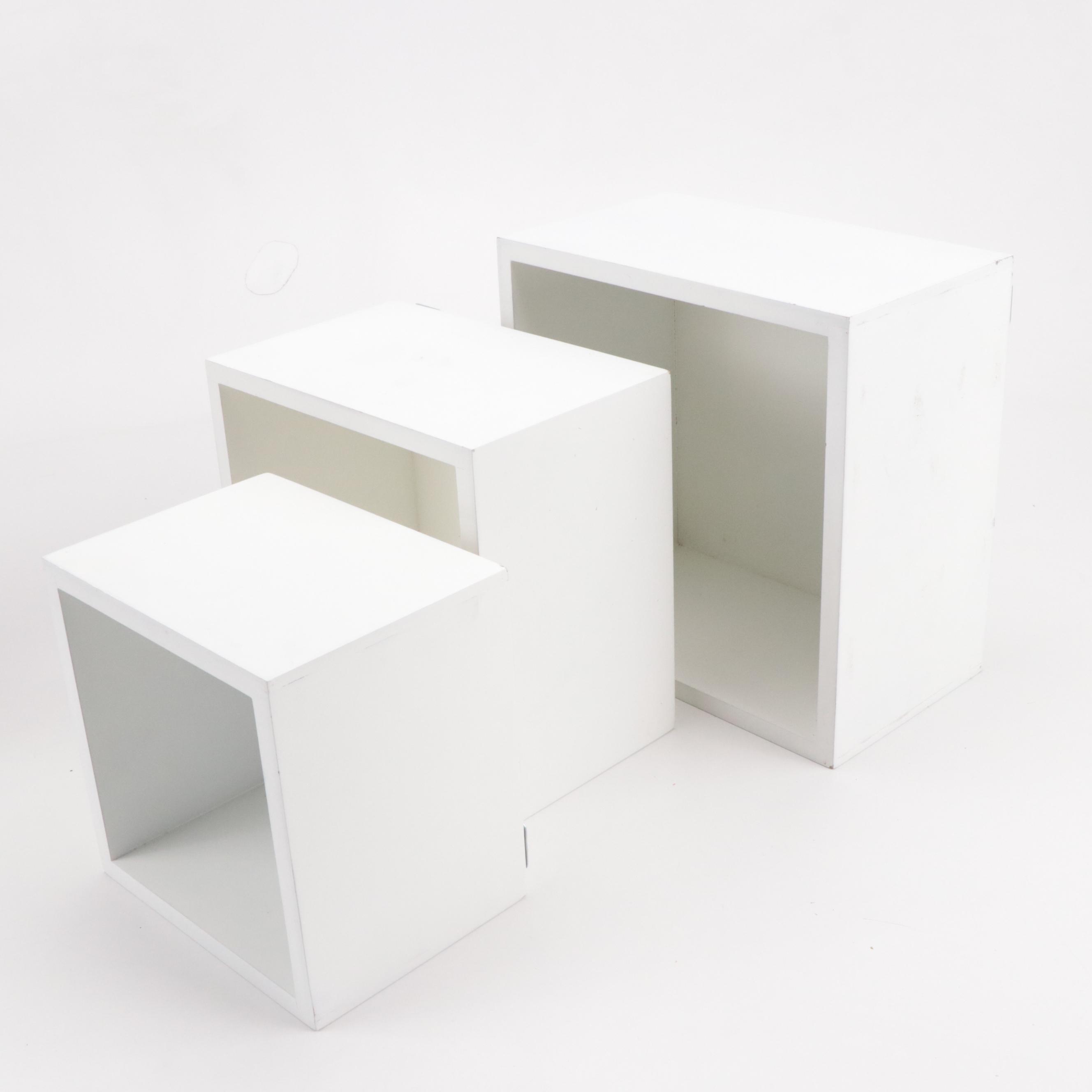 Matching Mirrored Picture Frames, Wood Cube Shelves and Metal Wastebasket