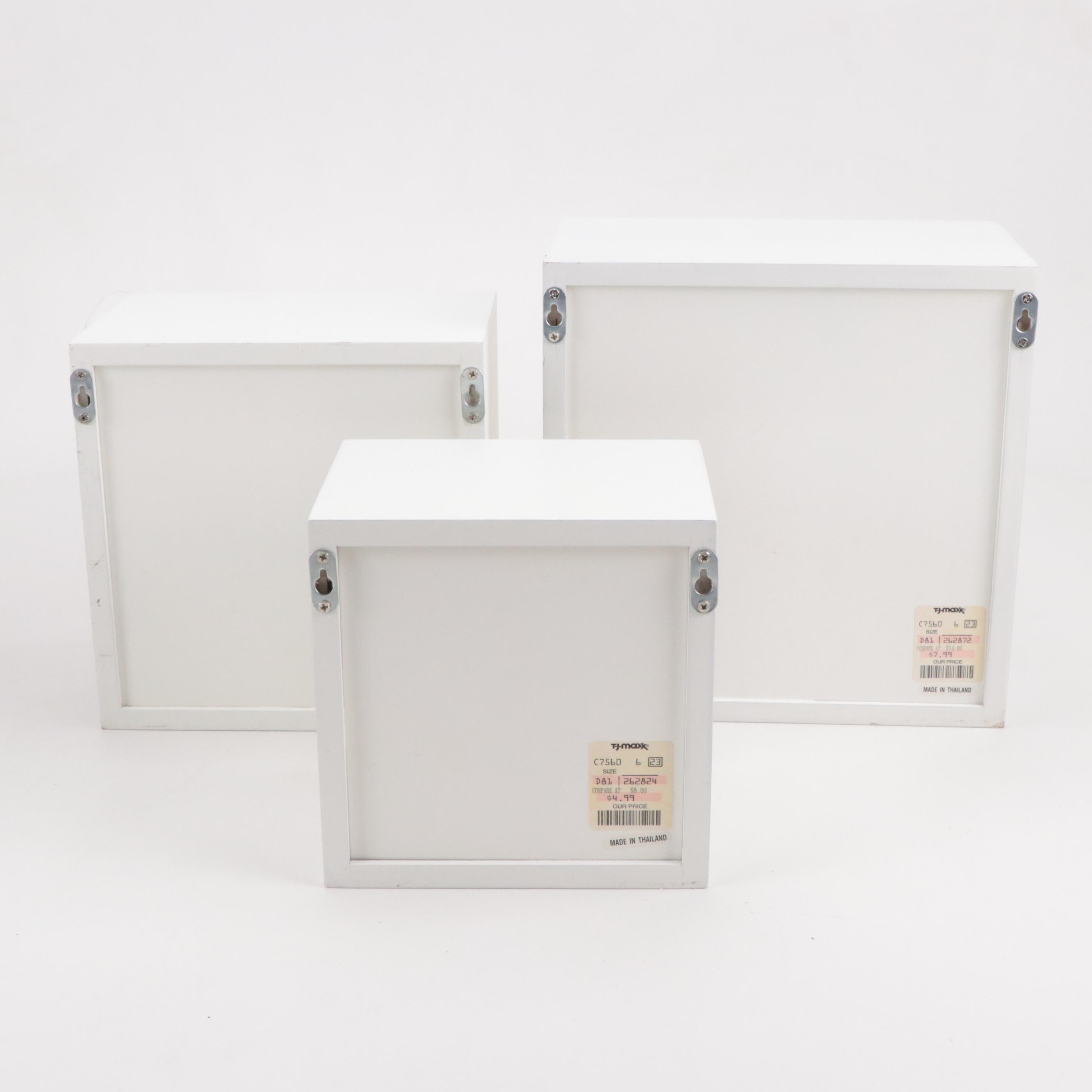 Matching Mirrored Picture Frames, Wood Cube Shelves and Metal Wastebasket