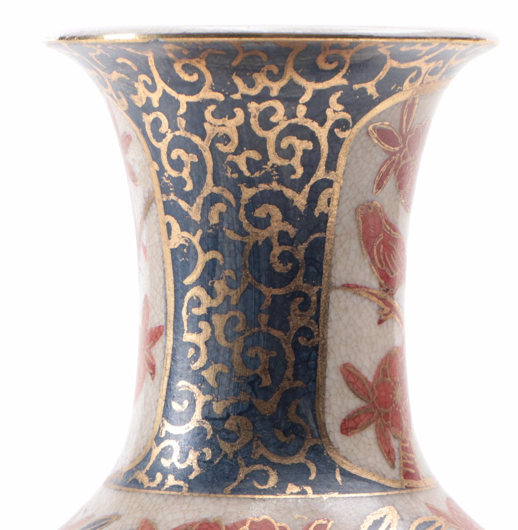 Japanese Hand-Decorated Crackle Glaze Ceramic Vase with Wooden Base by Toyo