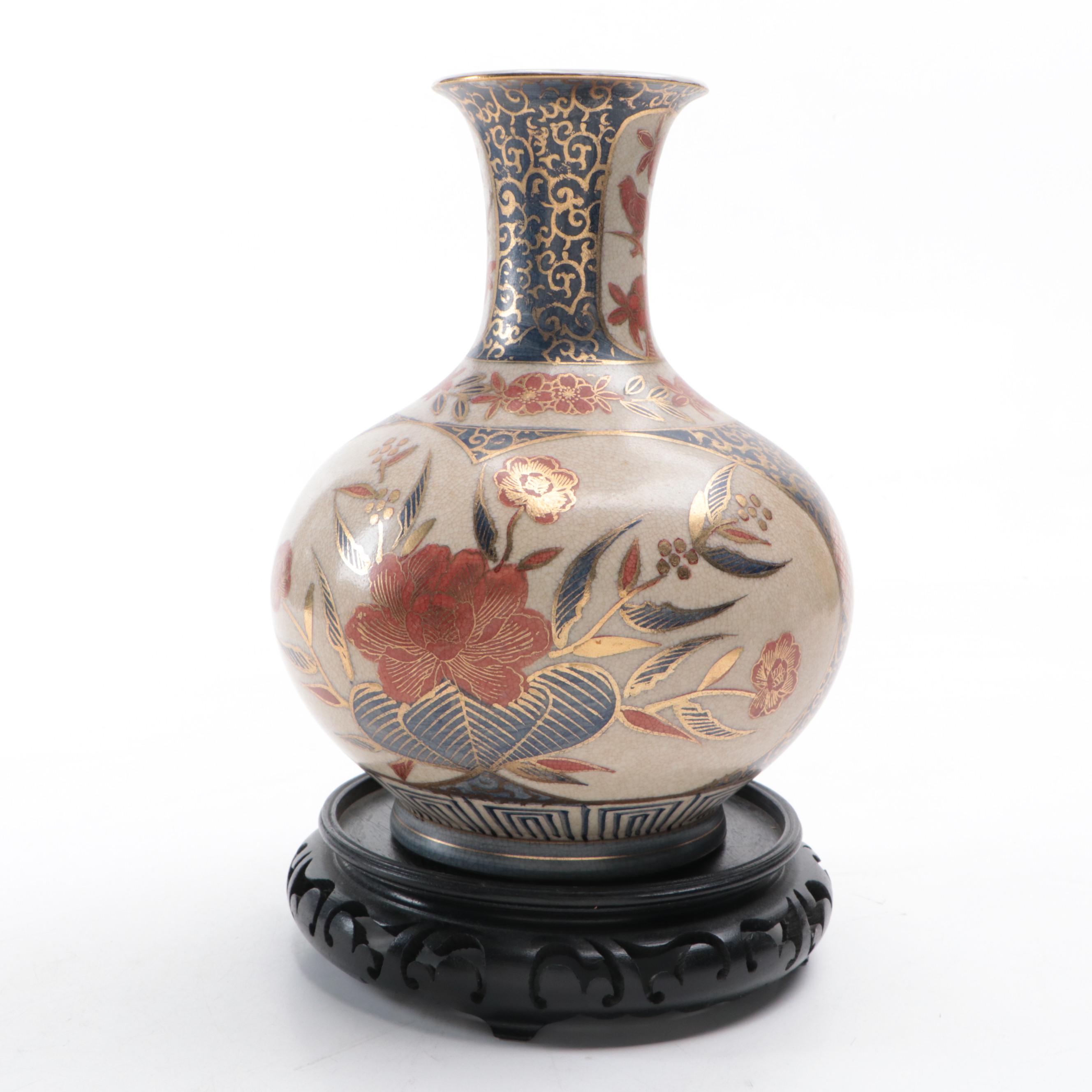 Japanese Hand-Decorated Crackle Glaze Ceramic Vase with Wooden Base by Toyo