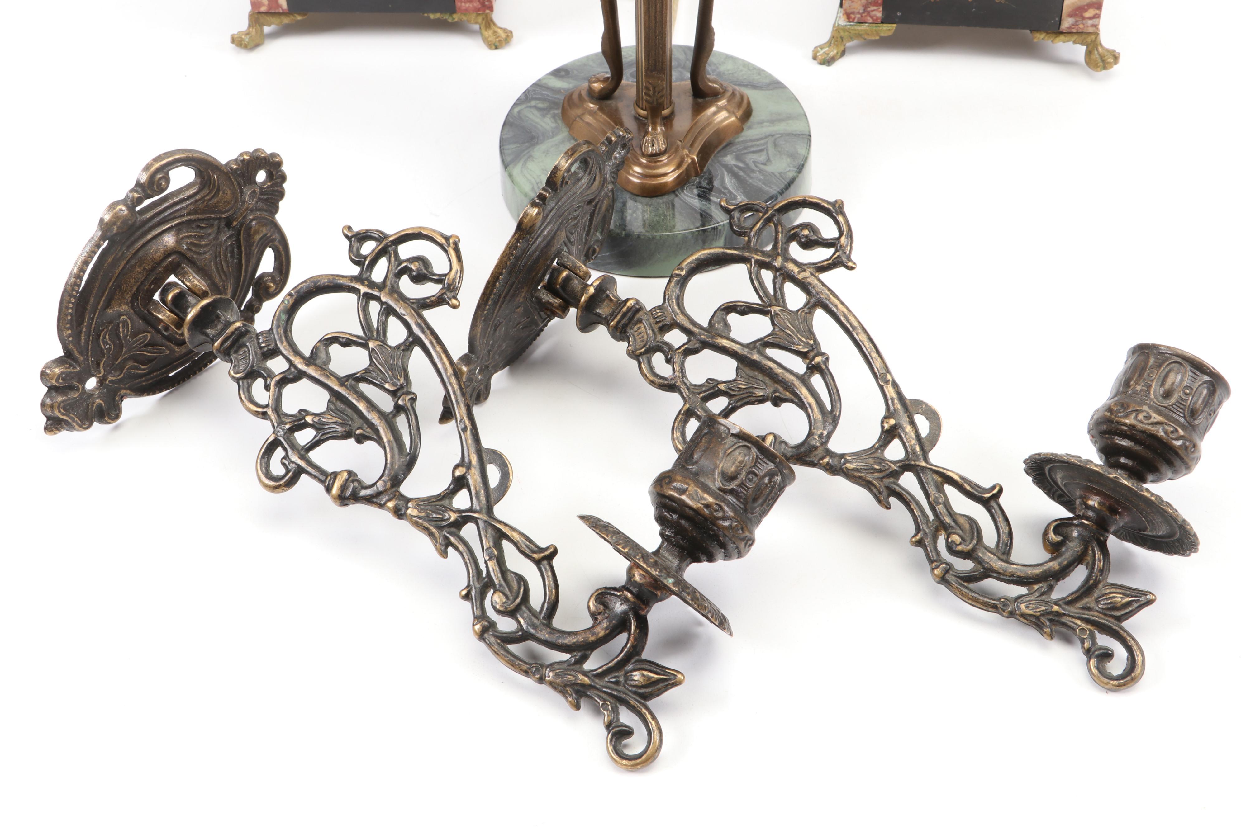 Claw Foot Stone and Brass Candelabra With Table Lamp, Candle Wall Sconces
