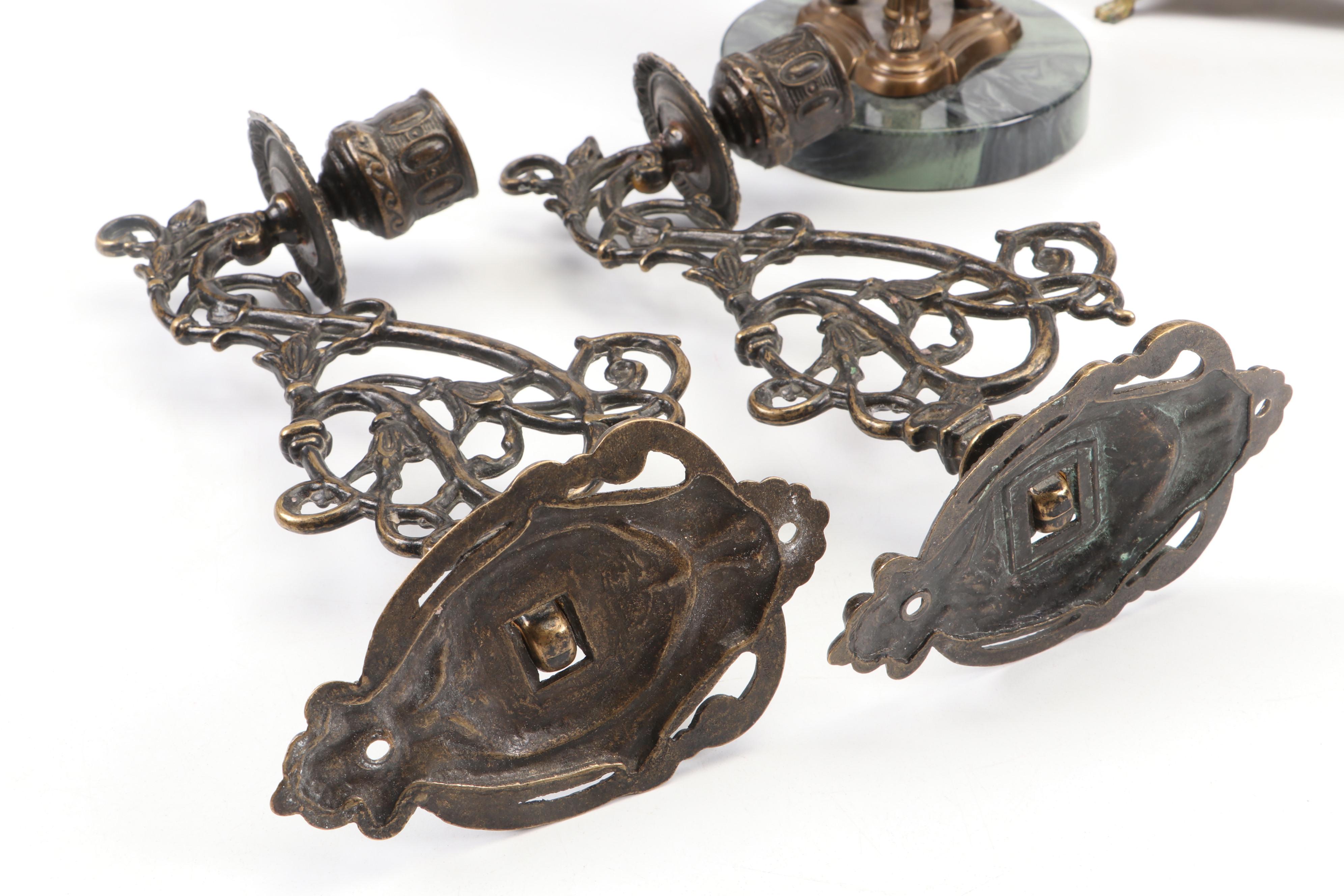 Claw Foot Stone and Brass Candelabra With Table Lamp, Candle Wall Sconces