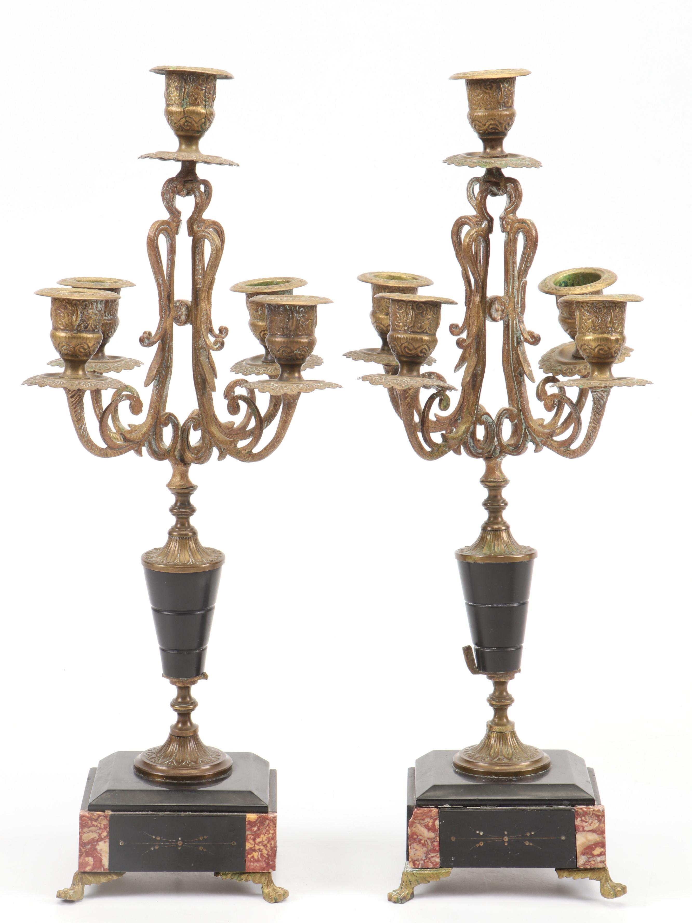 Claw Foot Stone and Brass Candelabra With Table Lamp, Candle Wall Sconces