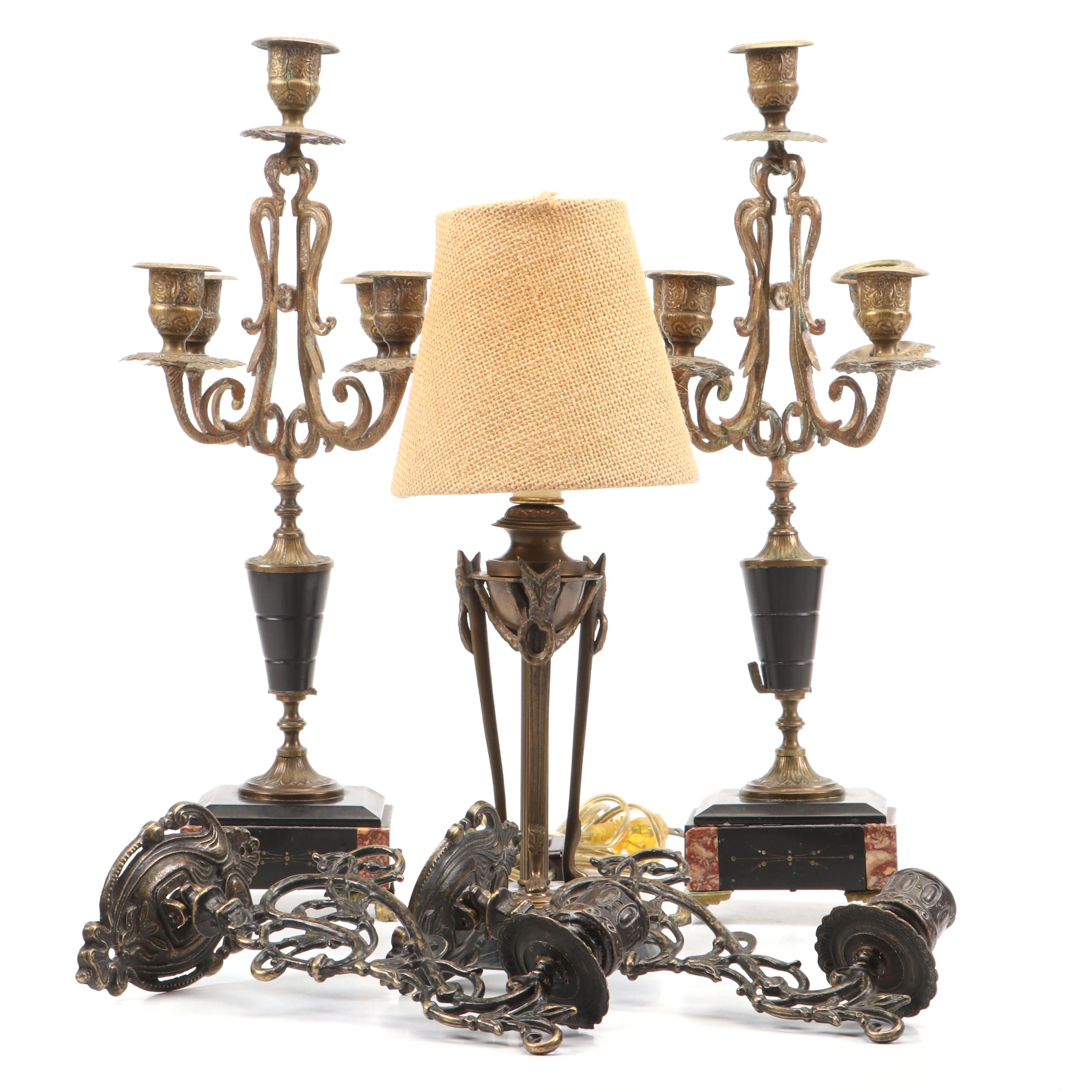 Claw Foot Stone and Brass Candelabra With Table Lamp, Candle Wall Sconces
