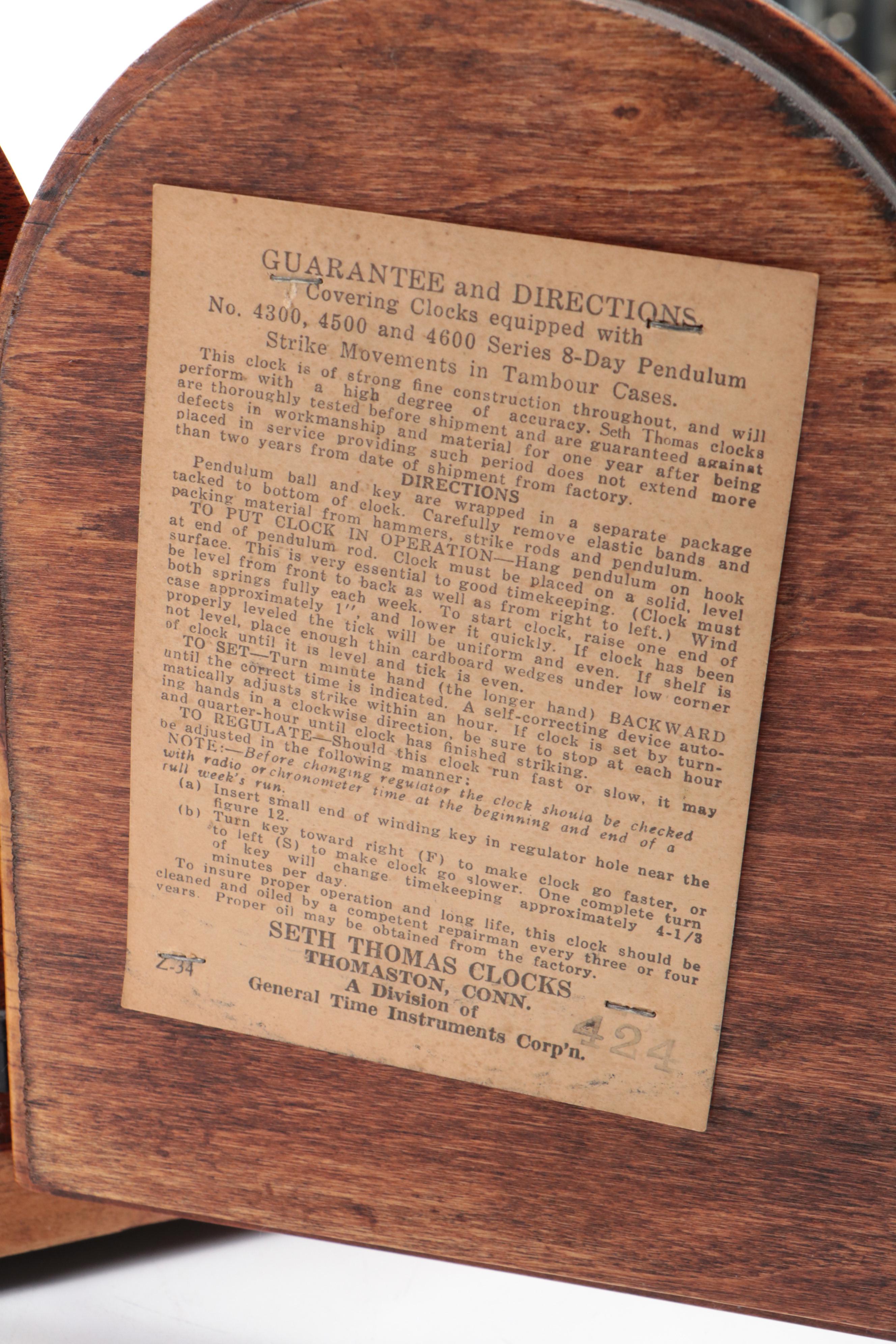 Seth Thomas Wooden 8-Day Tambour Mantel Clock, Mid-20th Century