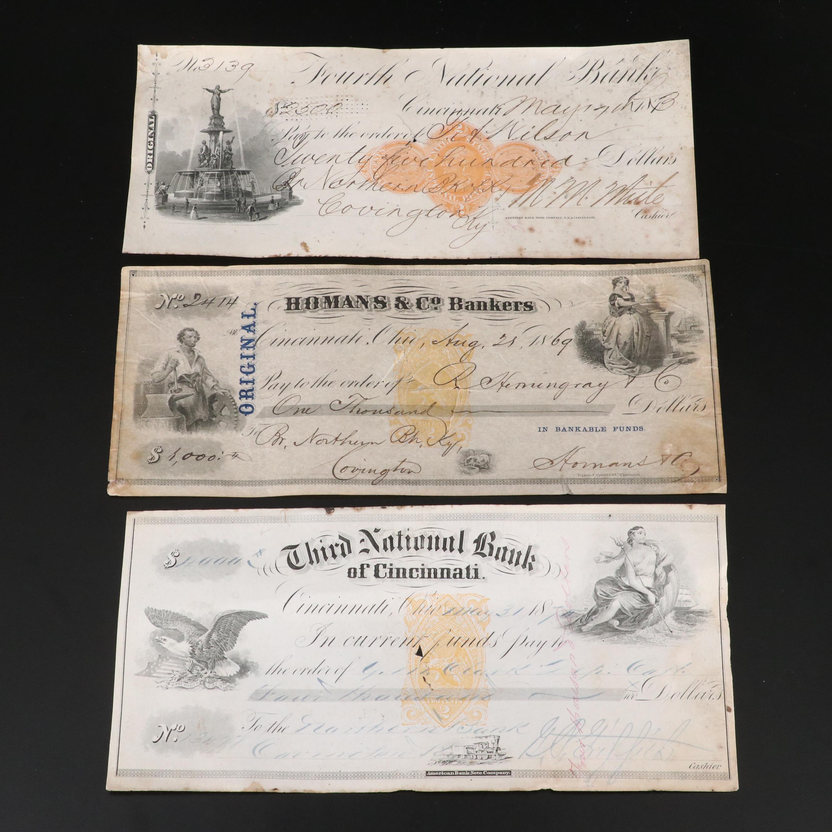 Group of Eight 19th Century Cancelled Checks from Cincinnati/Covington