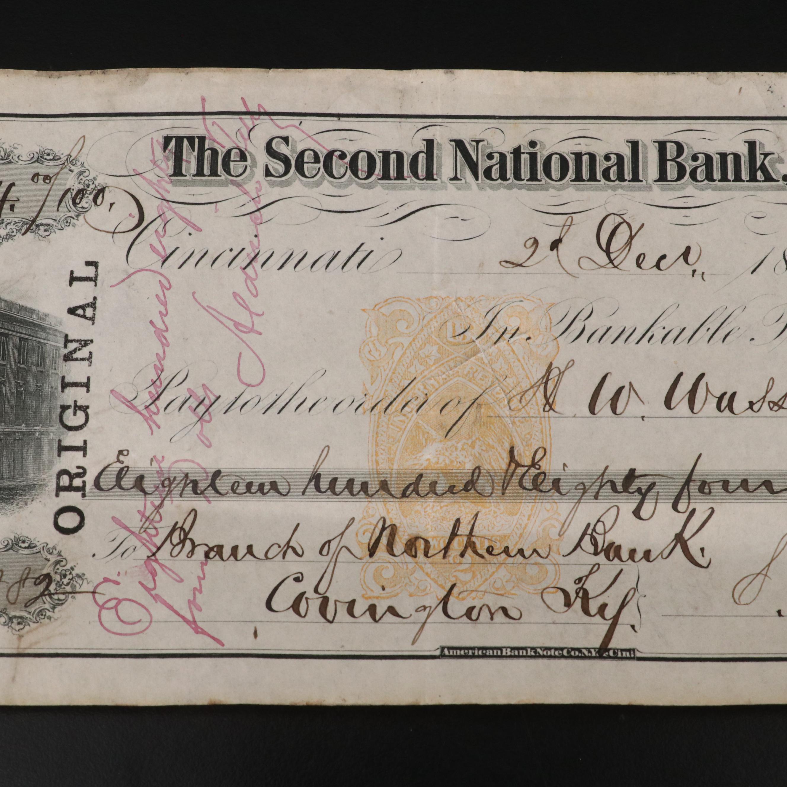 Group of Eight 19th Century Cancelled Checks from Cincinnati/Covington