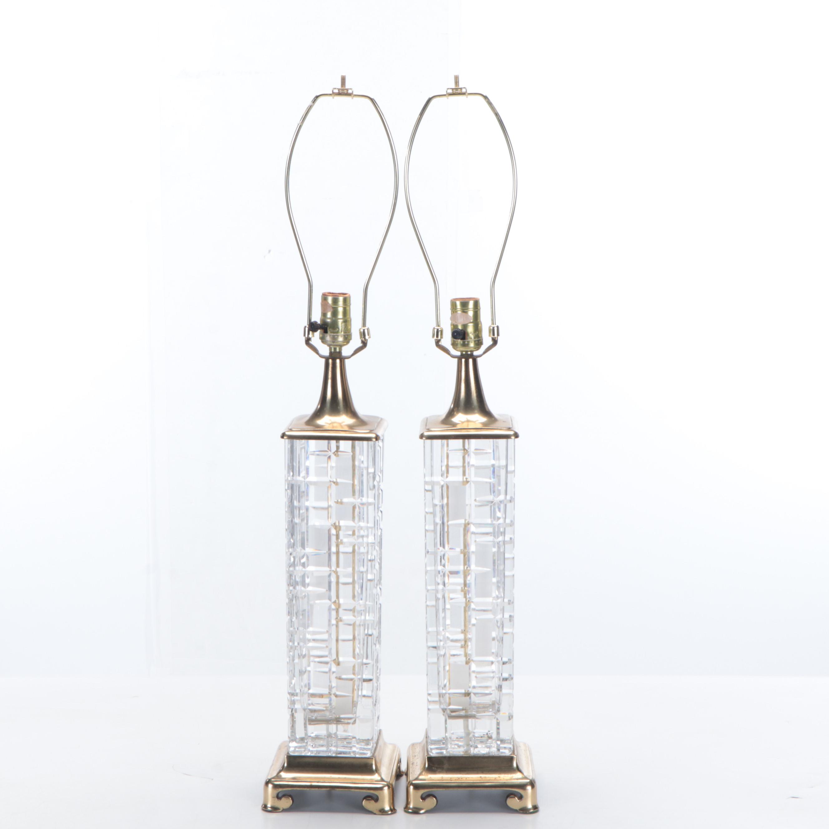 Dresden Signed Cut Crystal Pillar Table Lamps with Black Fabric Shades