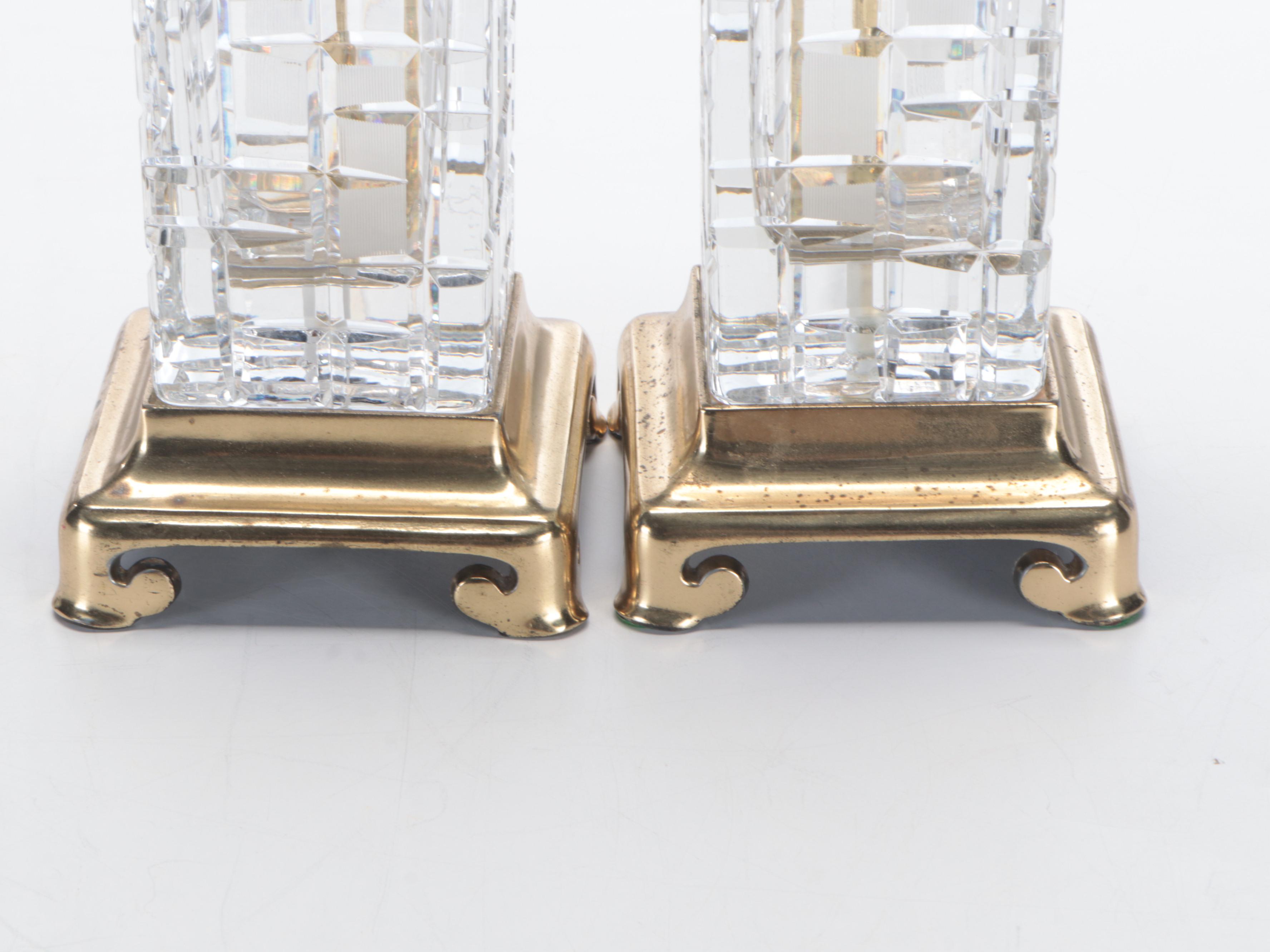 Dresden Signed Cut Crystal Pillar Table Lamps with Black Fabric Shades