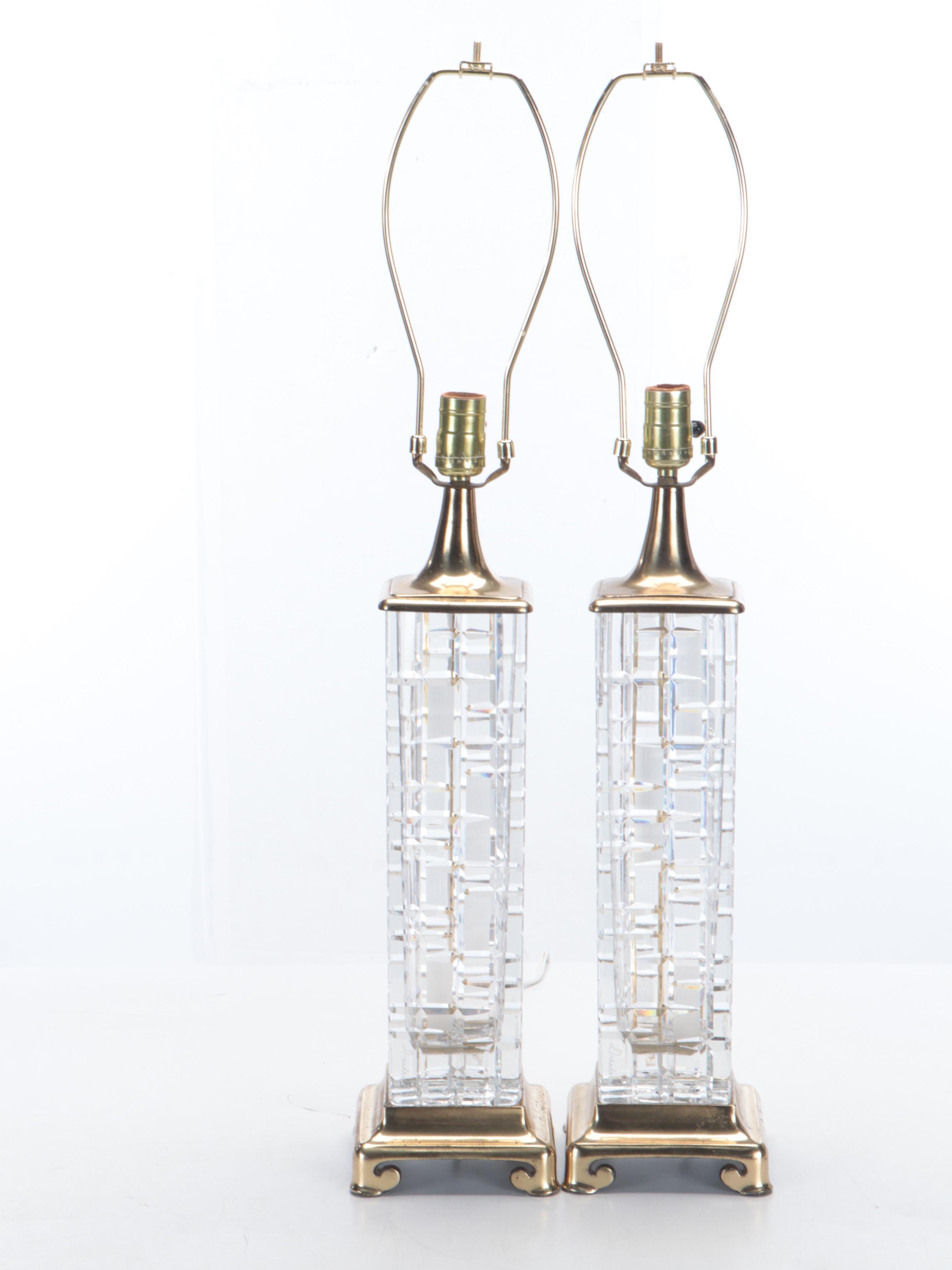 Dresden Signed Cut Crystal Pillar Table Lamps with Black Fabric Shades