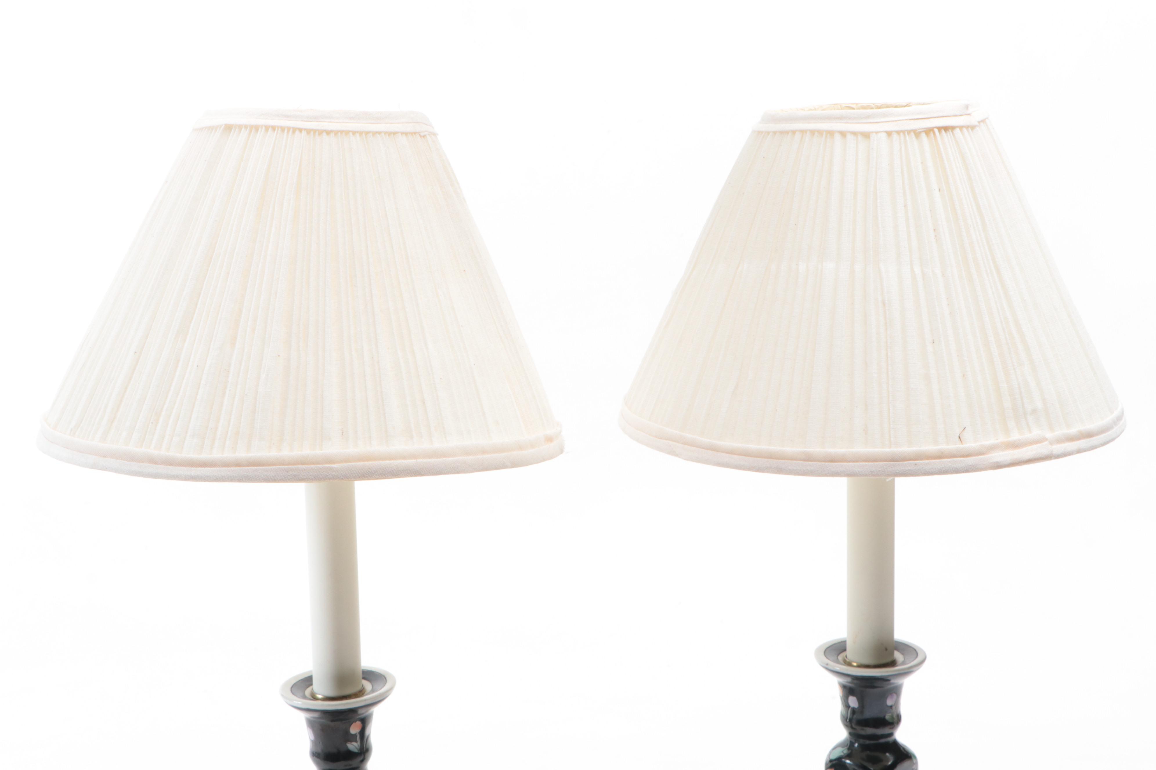 Chinese Porcelain Famille Noire Candlestick Lamps with Shirred Shades