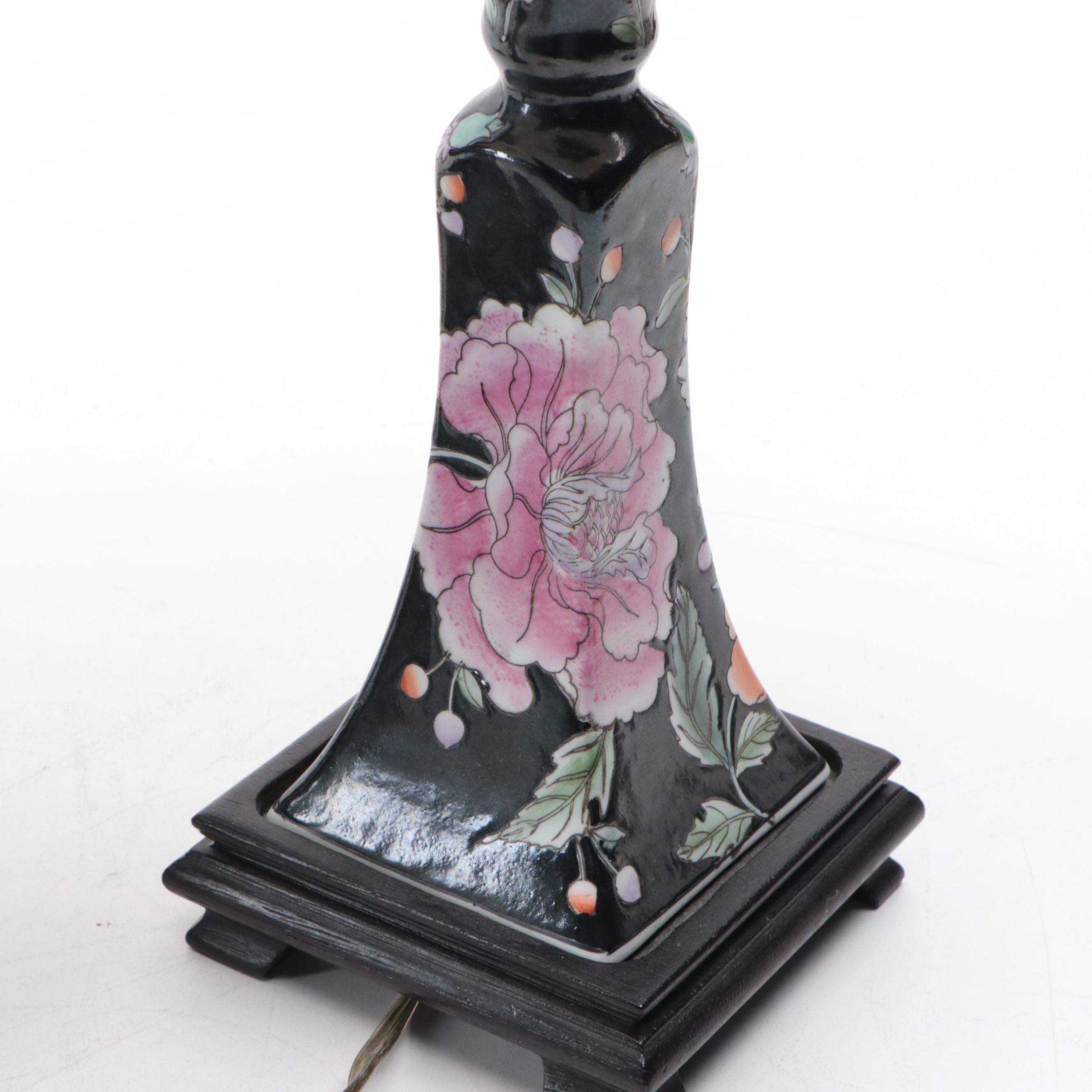 Chinese Porcelain Famille Noire Candlestick Lamps with Shirred Shades
