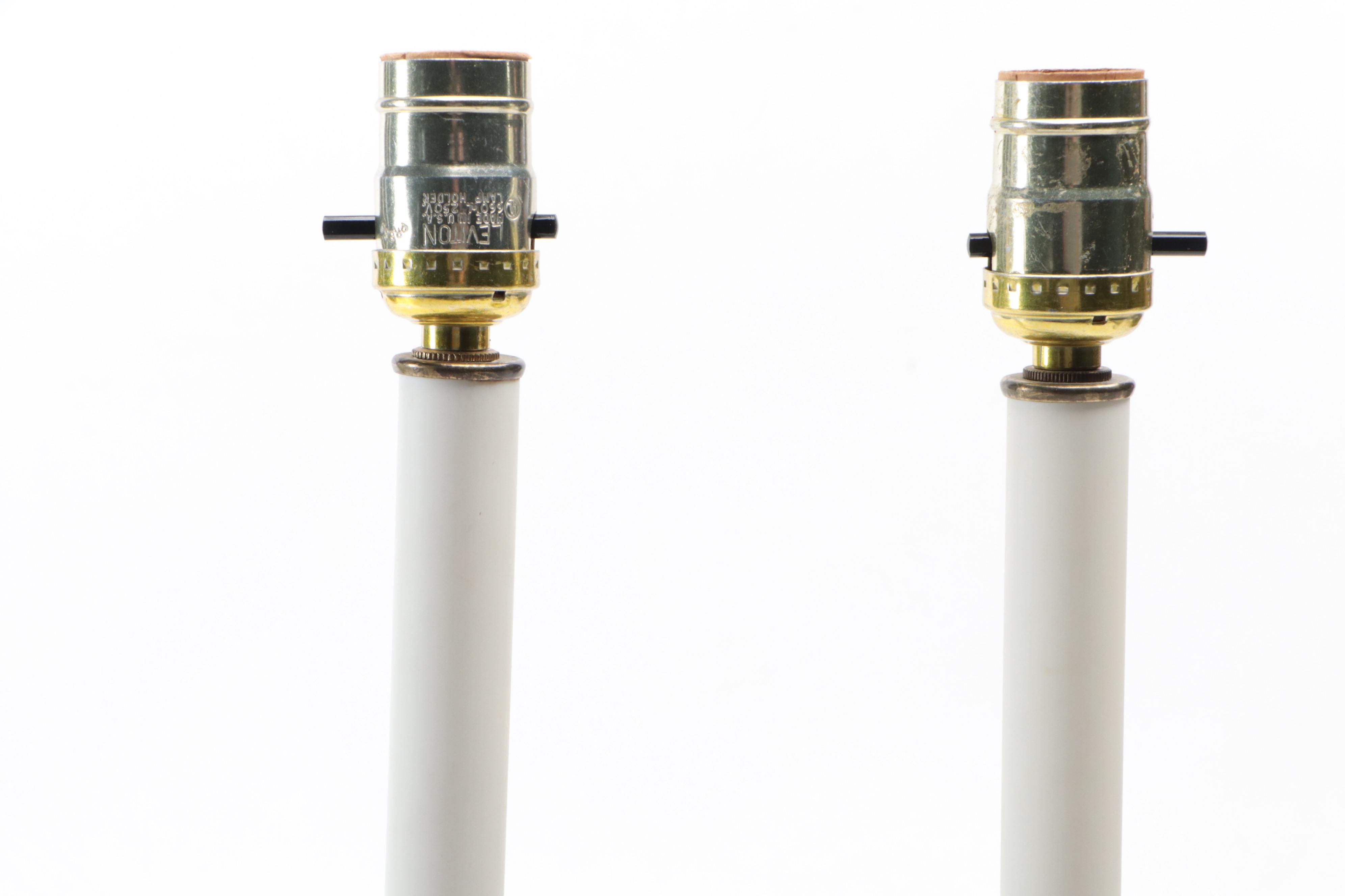 Chinese Porcelain Famille Noire Candlestick Lamps with Shirred Shades