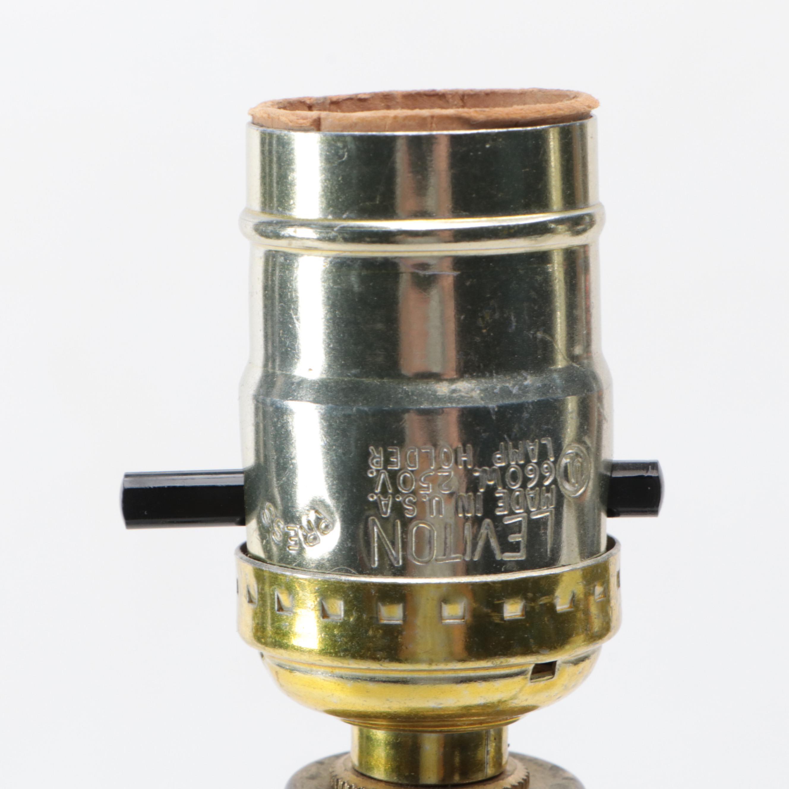 Chinese Porcelain Famille Noire Candlestick Lamps with Shirred Shades