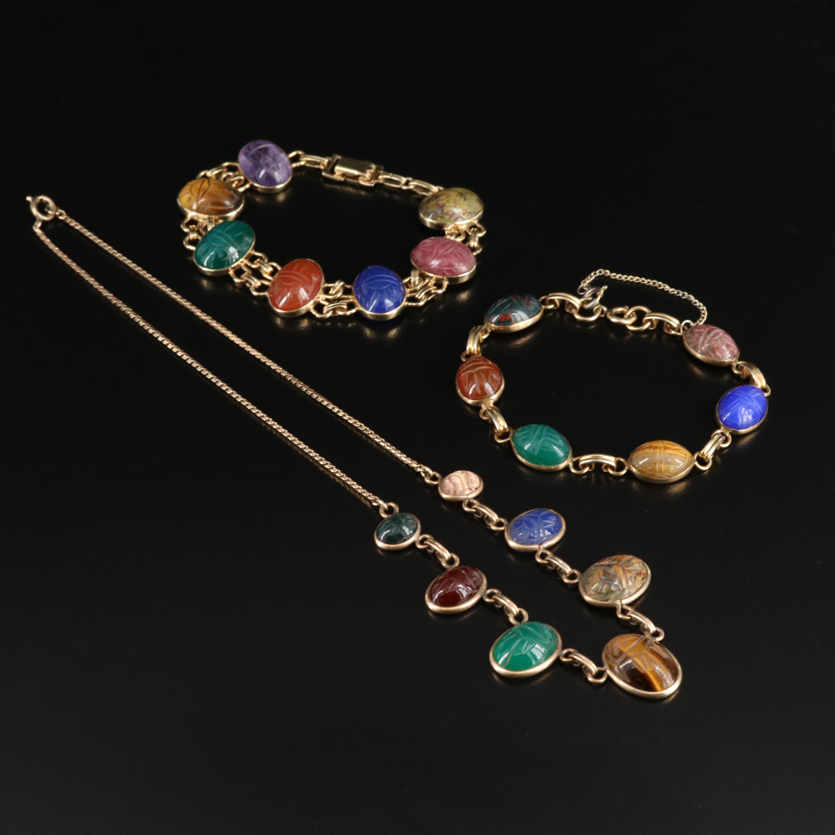 Vintage Gemstone Scarab Necklace and Bracelets Including W.E. Richards