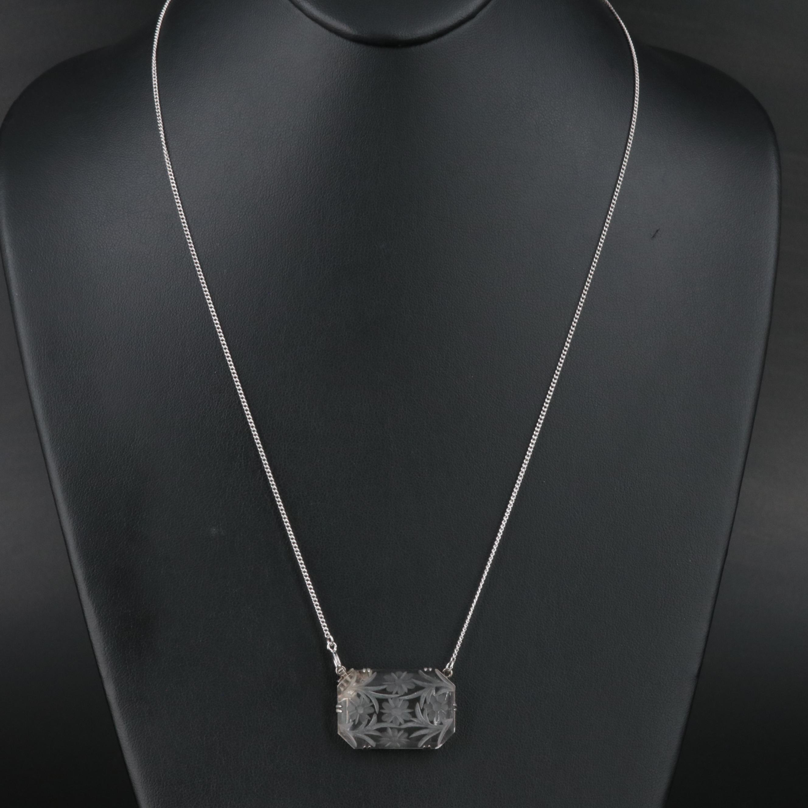 Art Deco Sterling Carved Floral Rock Crystal Necklace
