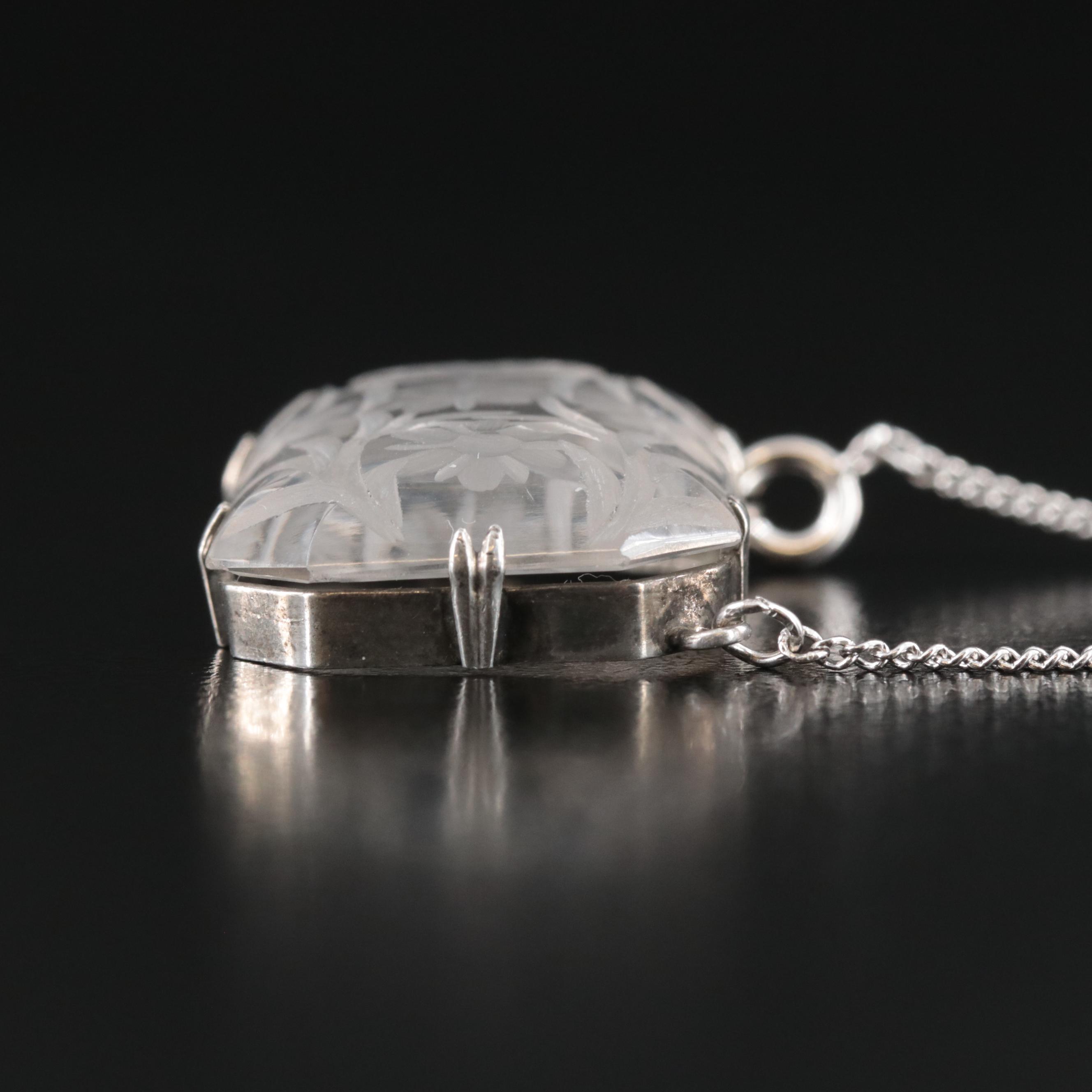 Art Deco Sterling Carved Floral Rock Crystal Necklace
