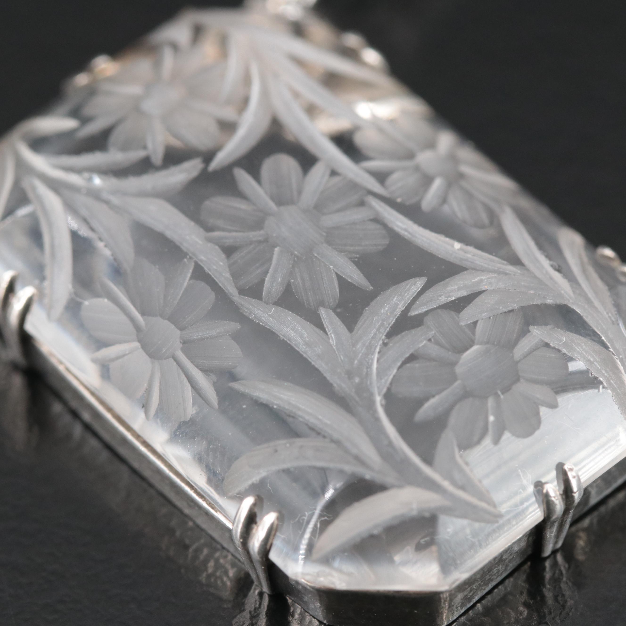 Art Deco Sterling Carved Floral Rock Crystal Necklace