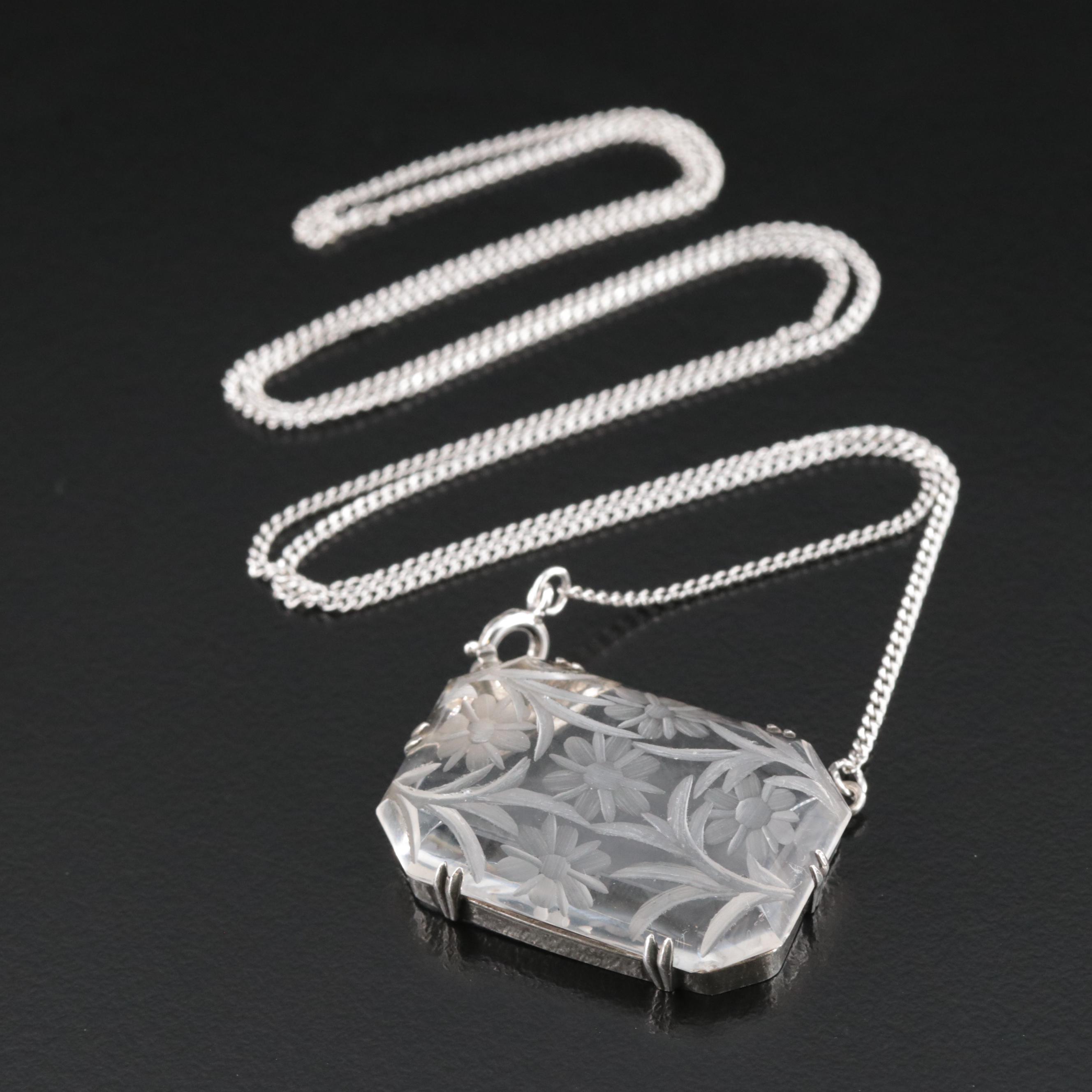 Art Deco Sterling Carved Floral Rock Crystal Necklace