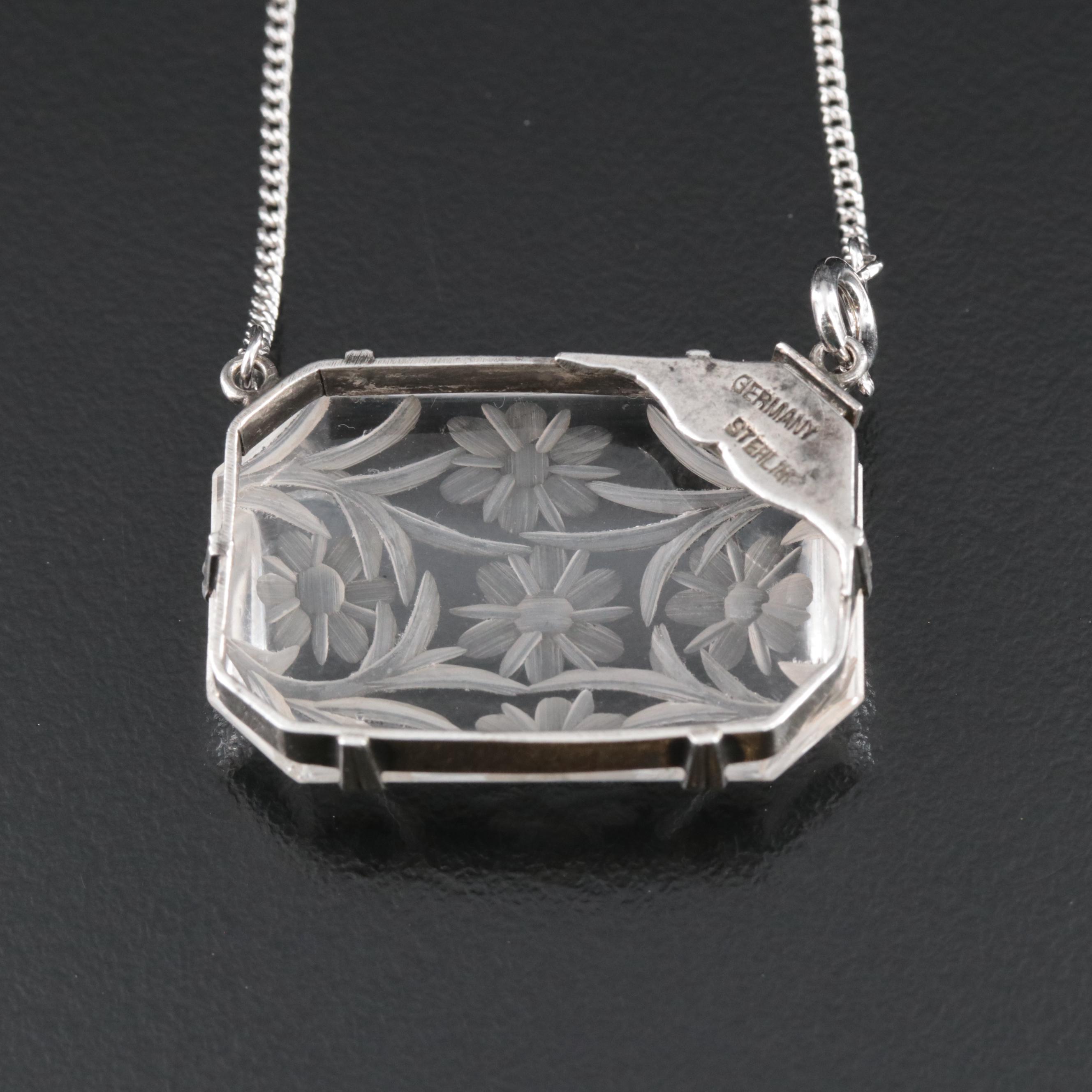 Art Deco Sterling Carved Floral Rock Crystal Necklace