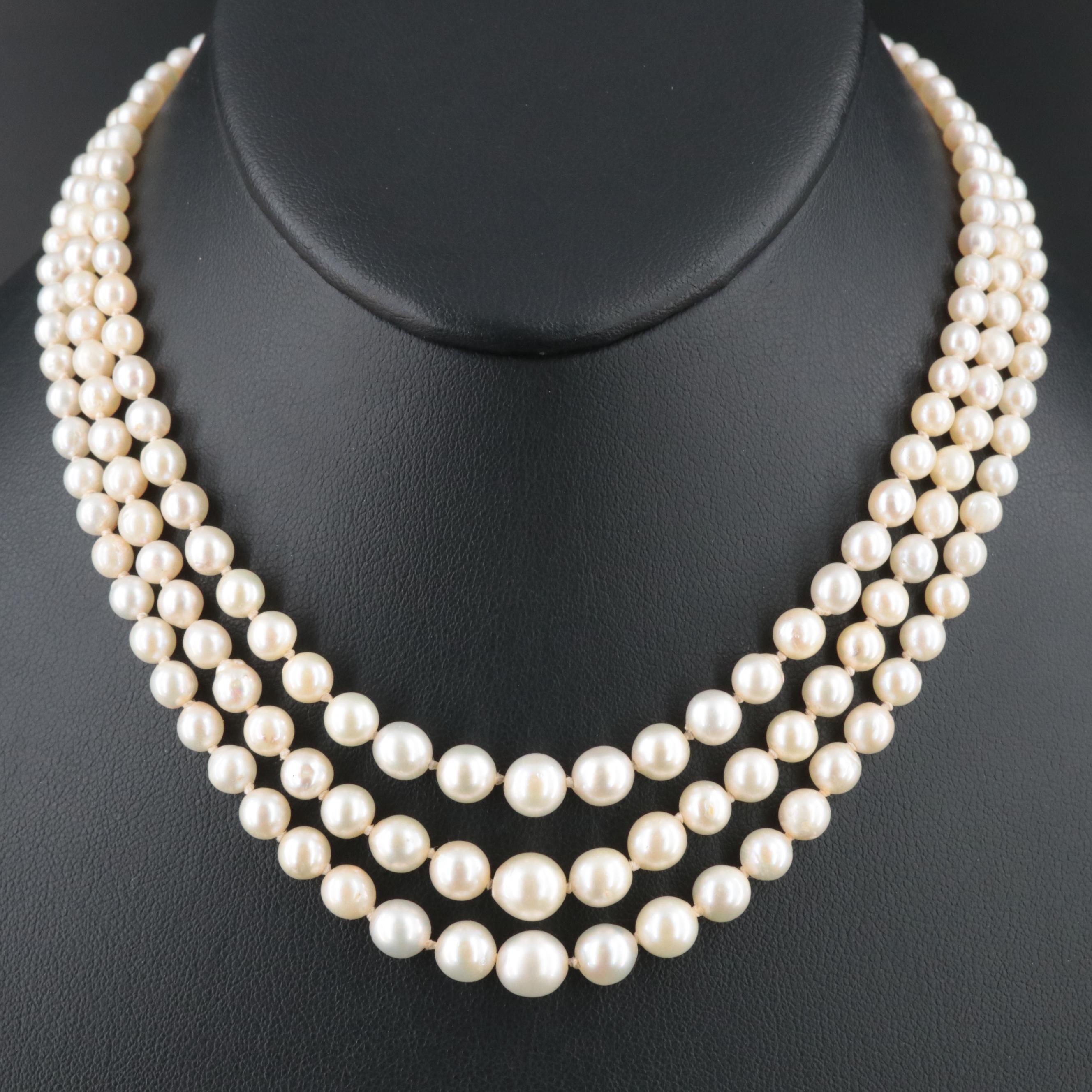 Triple-Strand Graduated Pearl Necklace with 14K Clasp