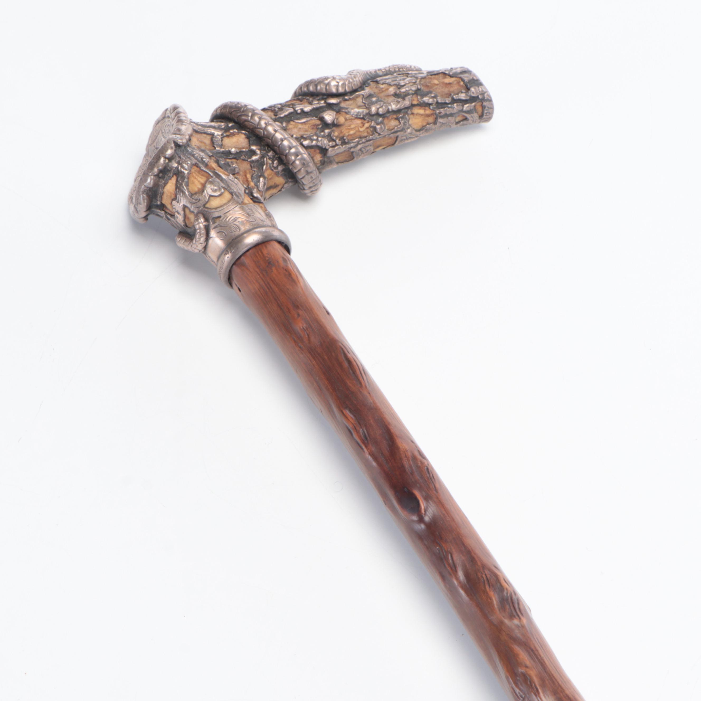 Sterling Silver Sculptural Snake Wrapped Antler Handled Walking Cane