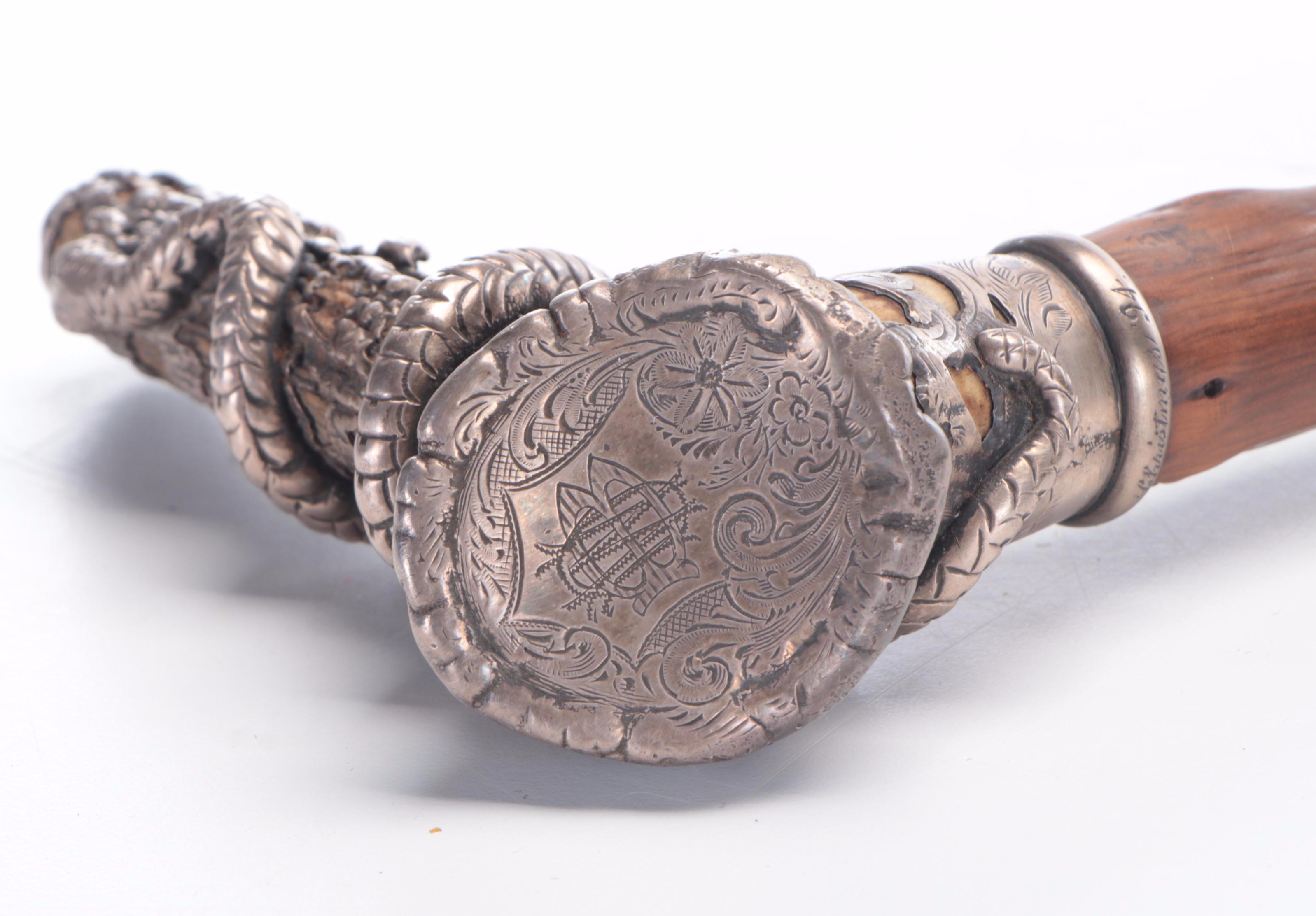 Sterling Silver Sculptural Snake Wrapped Antler Handled Walking Cane
