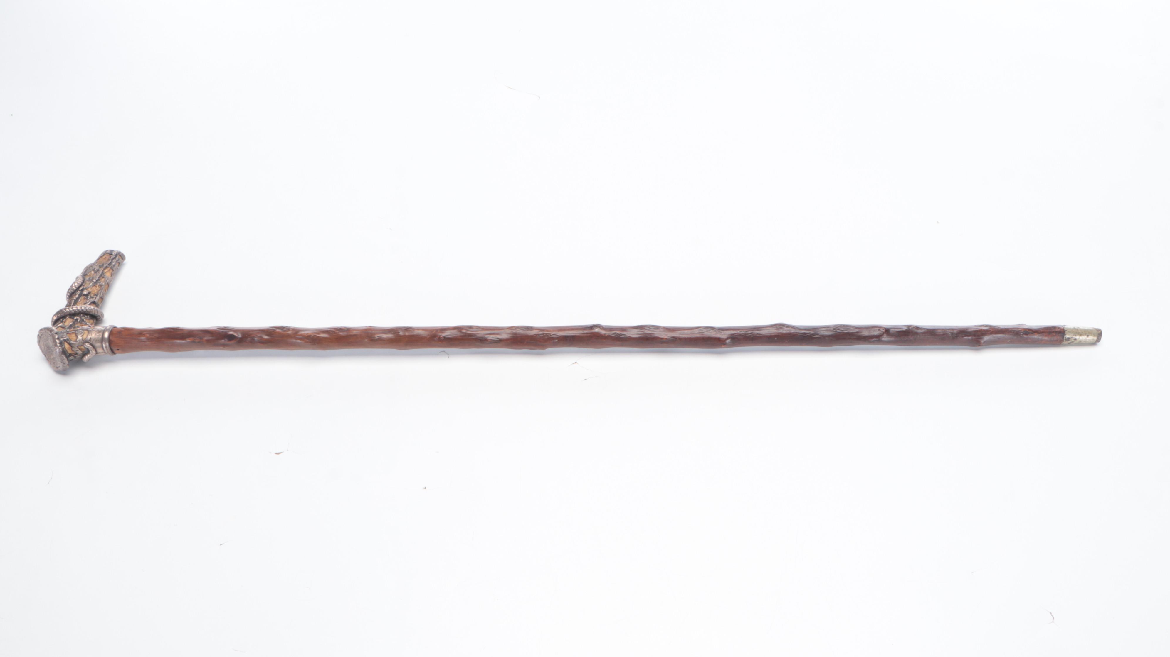 Sterling Silver Sculptural Snake Wrapped Antler Handled Walking Cane