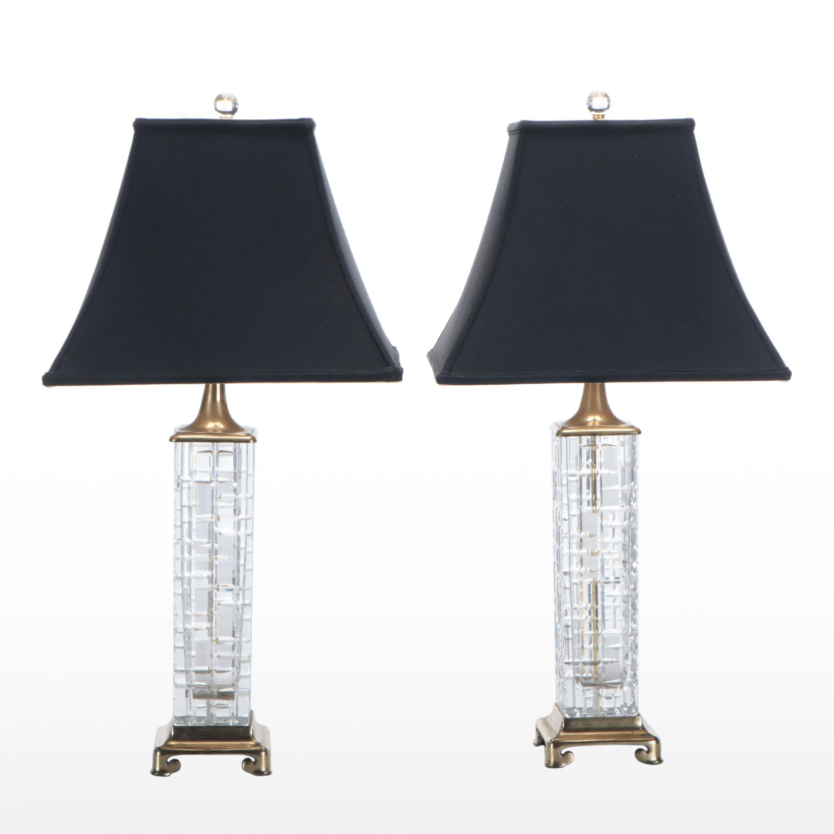 Dresden Signed Cut Crystal Pillar Table Lamps with Black Fabric Shades