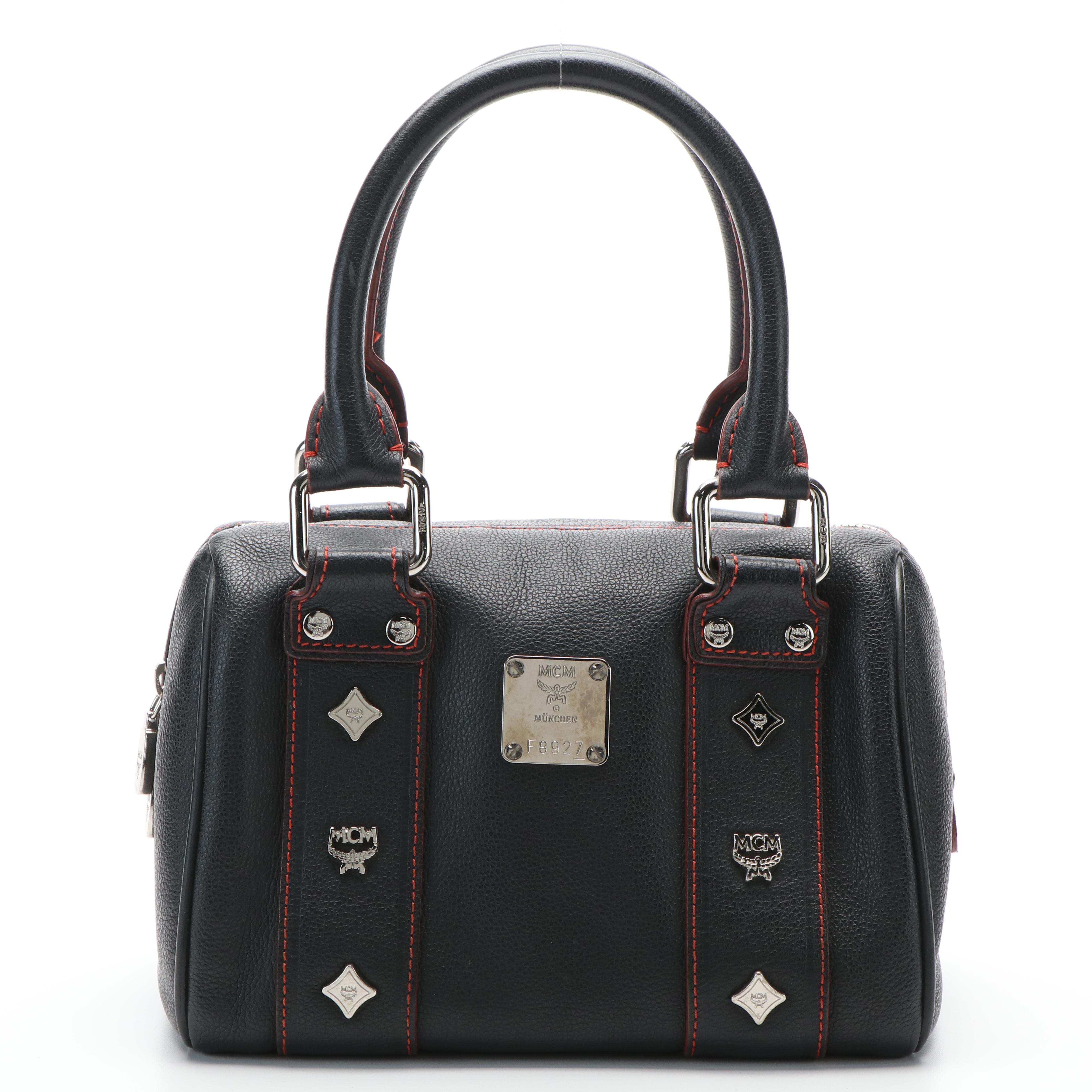 MCM Studded Logo Mini Boston Bag in Black Leather