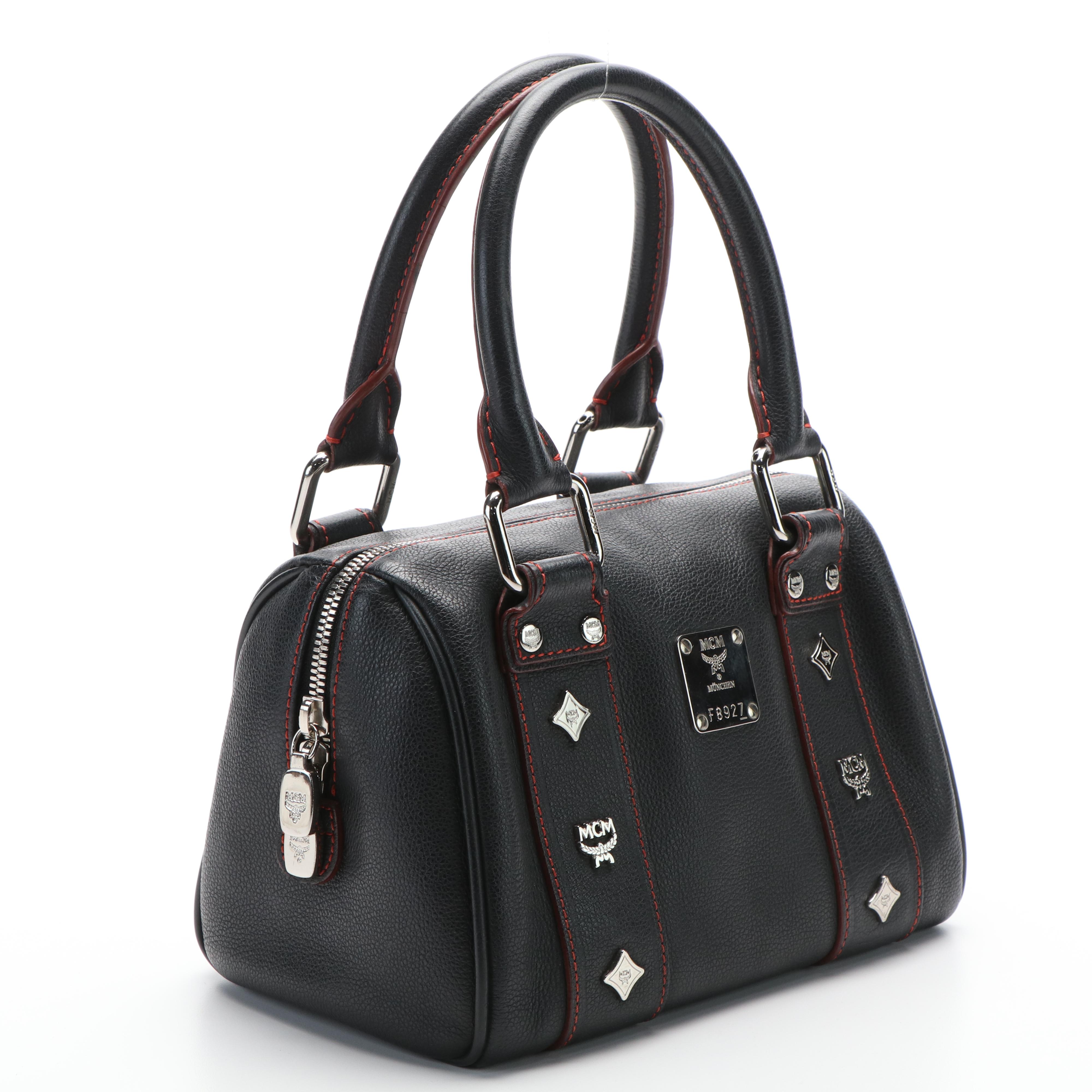 MCM Studded Logo Mini Boston Bag in Black Leather