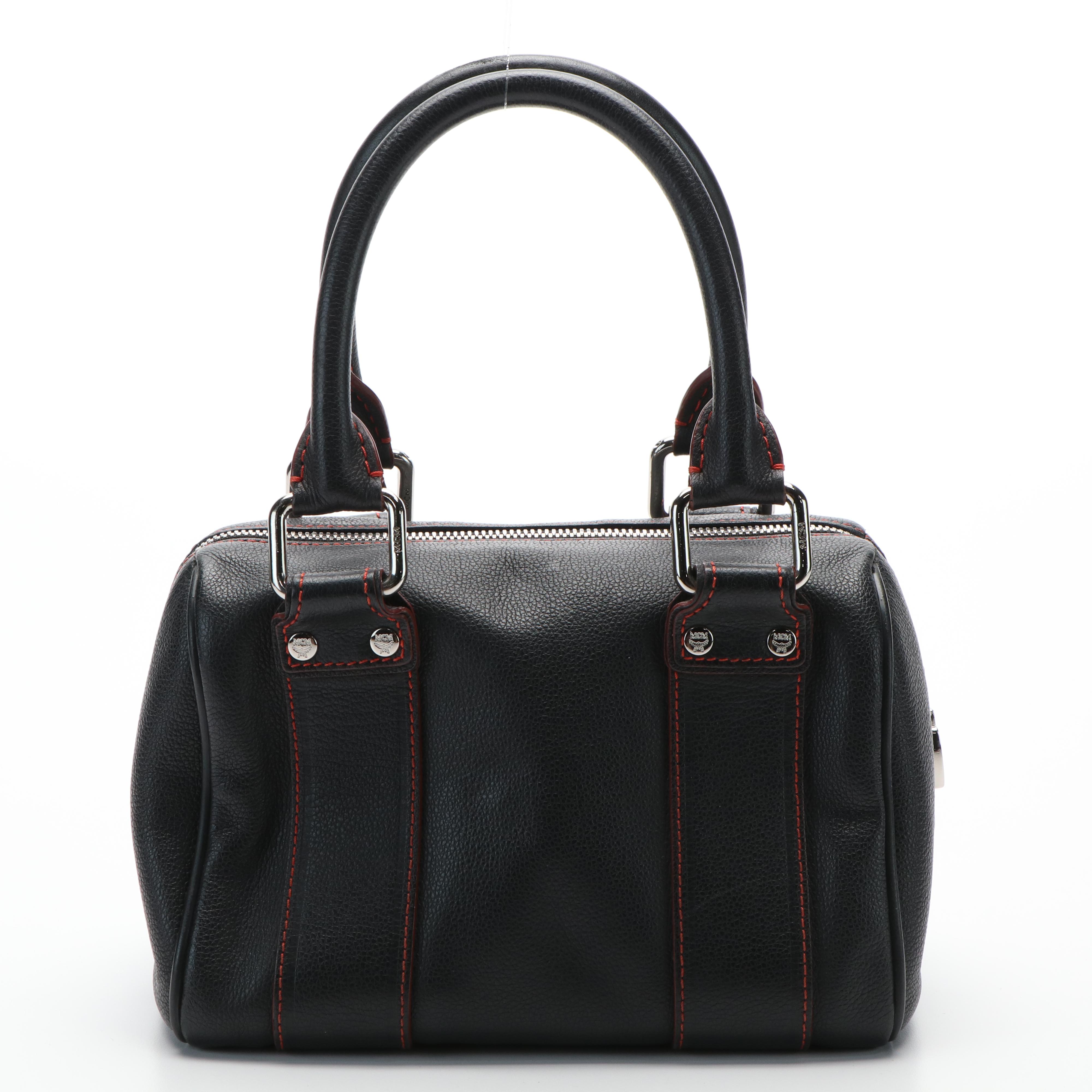 MCM Studded Logo Mini Boston Bag in Black Leather