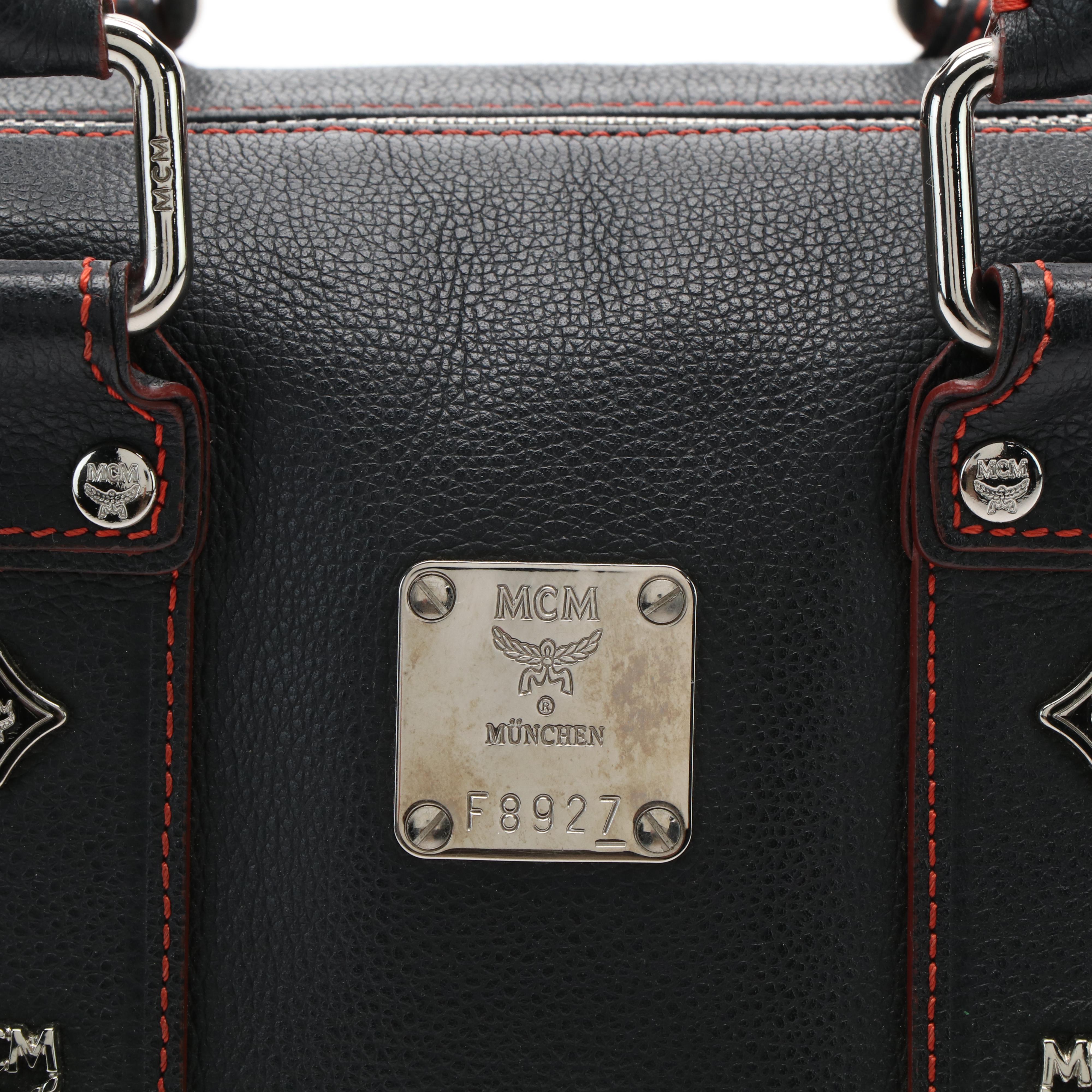 MCM Studded Logo Mini Boston Bag in Black Leather