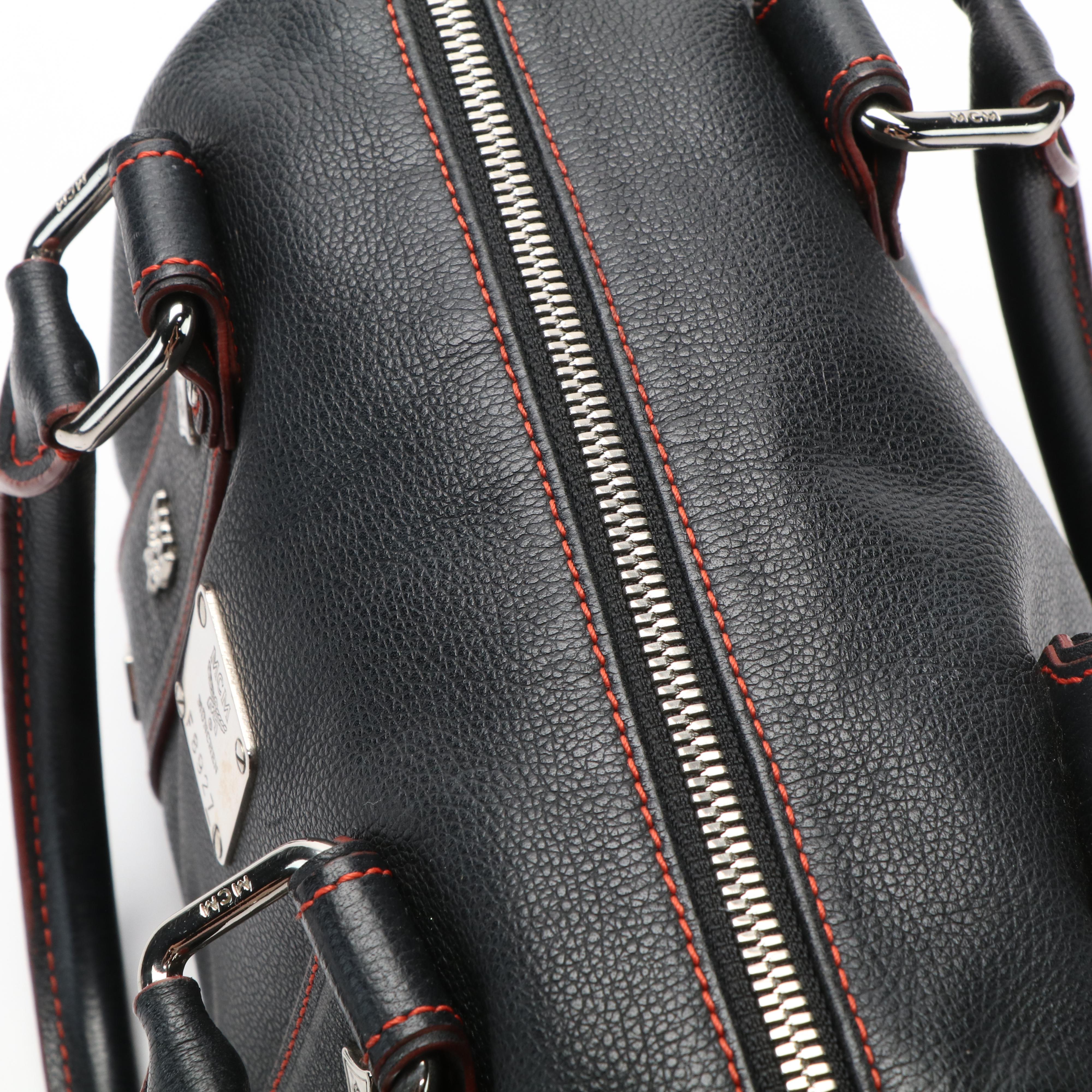 MCM Studded Logo Mini Boston Bag in Black Leather